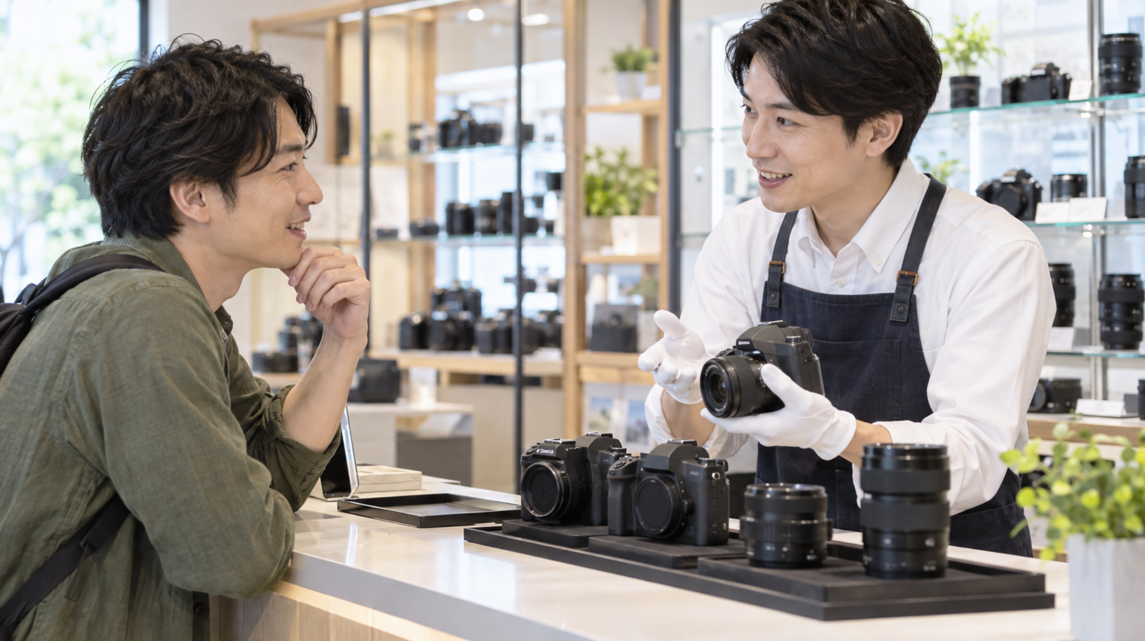 中古カメラ専門店で保証や購入条件を相談する様子