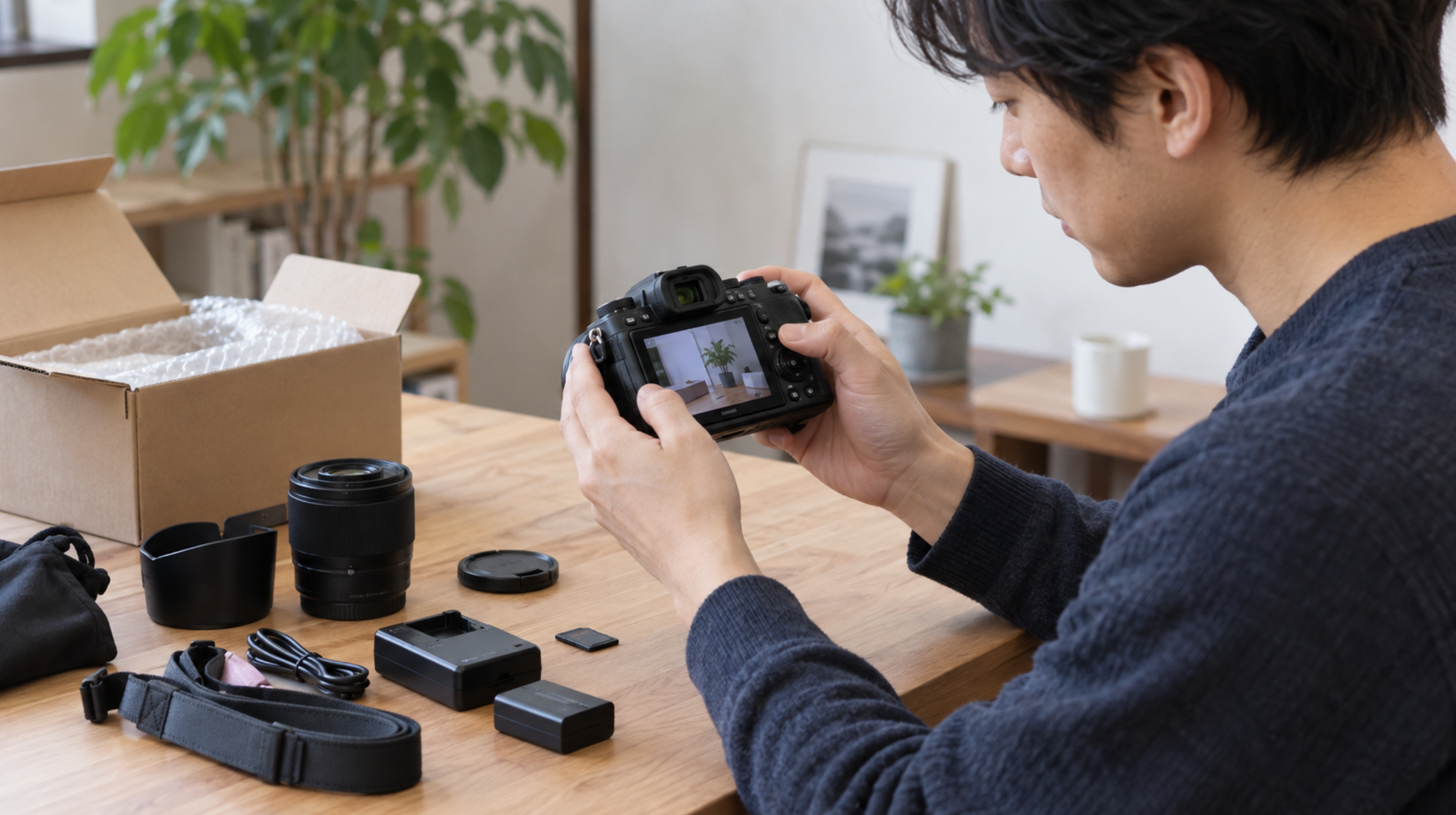 購入後の中古カメラを自宅で動作確認する男性