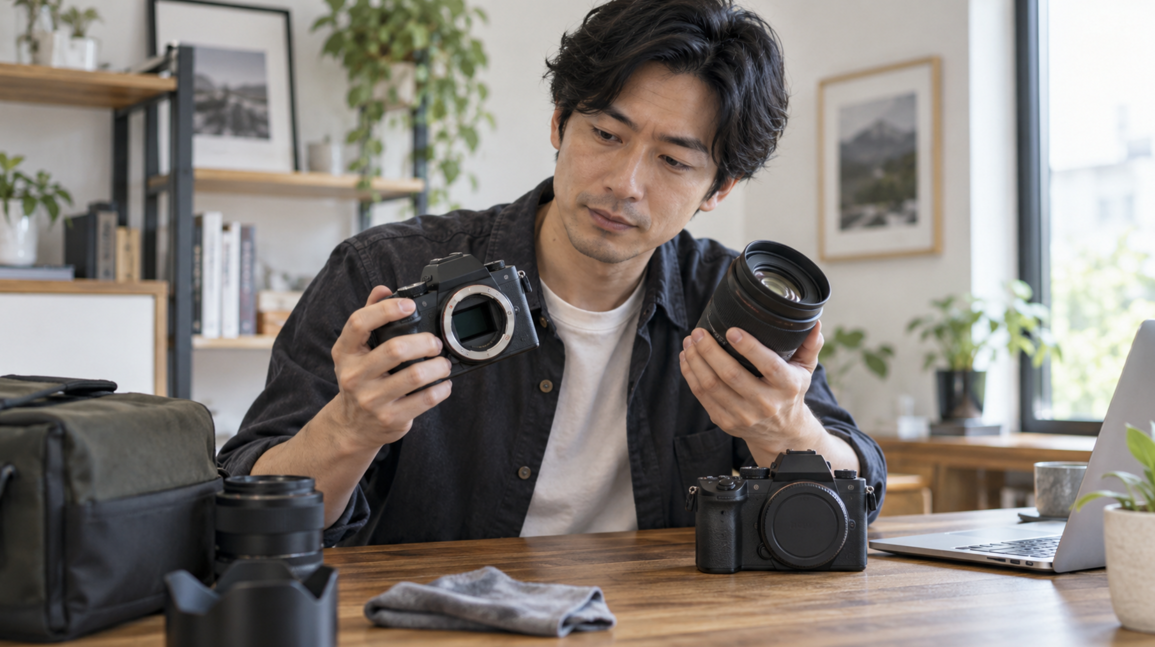 中古ミラーレスカメラと交換レンズを比較する日本人男性