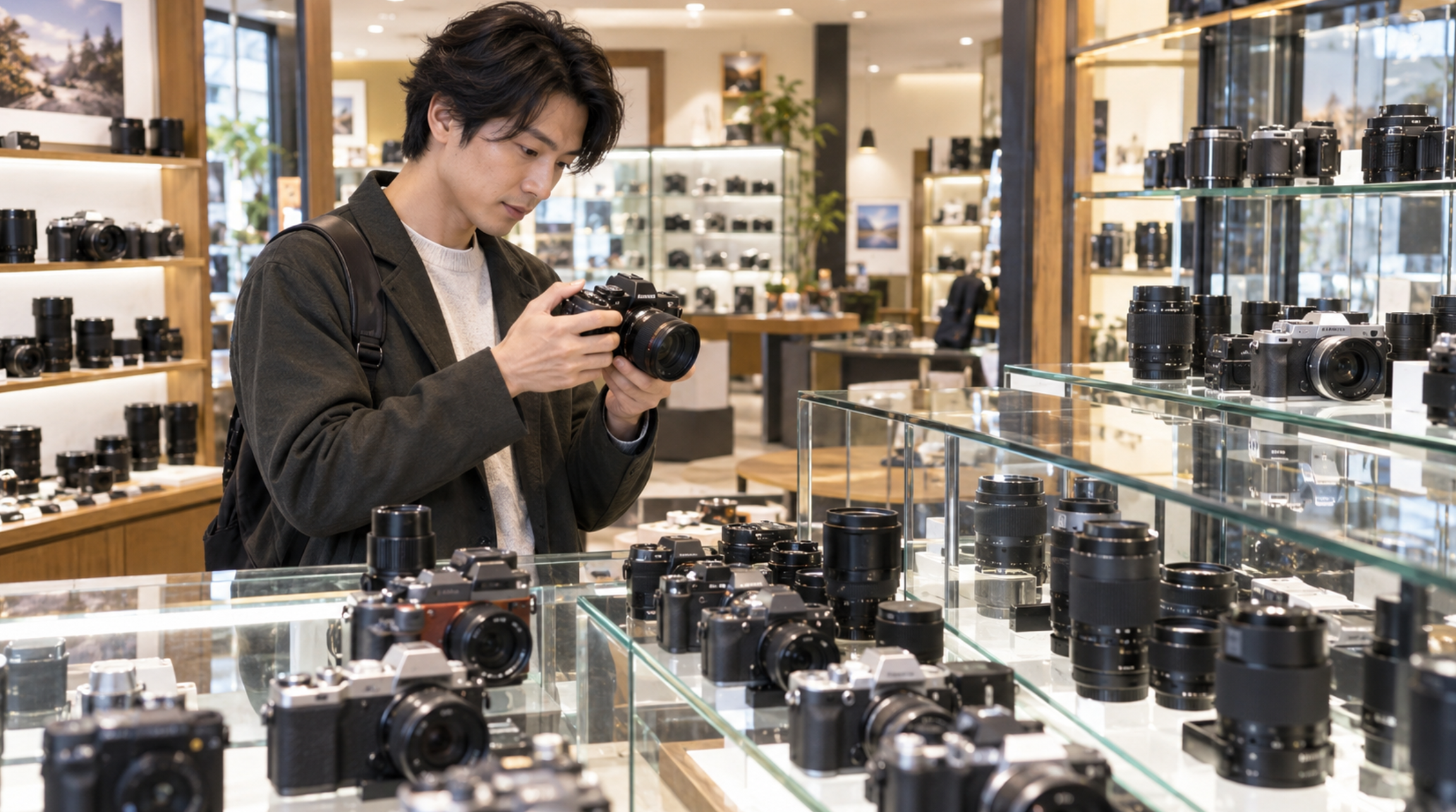 中古カメラ専門店でミラーレスカメラを比較して選ぶ男性