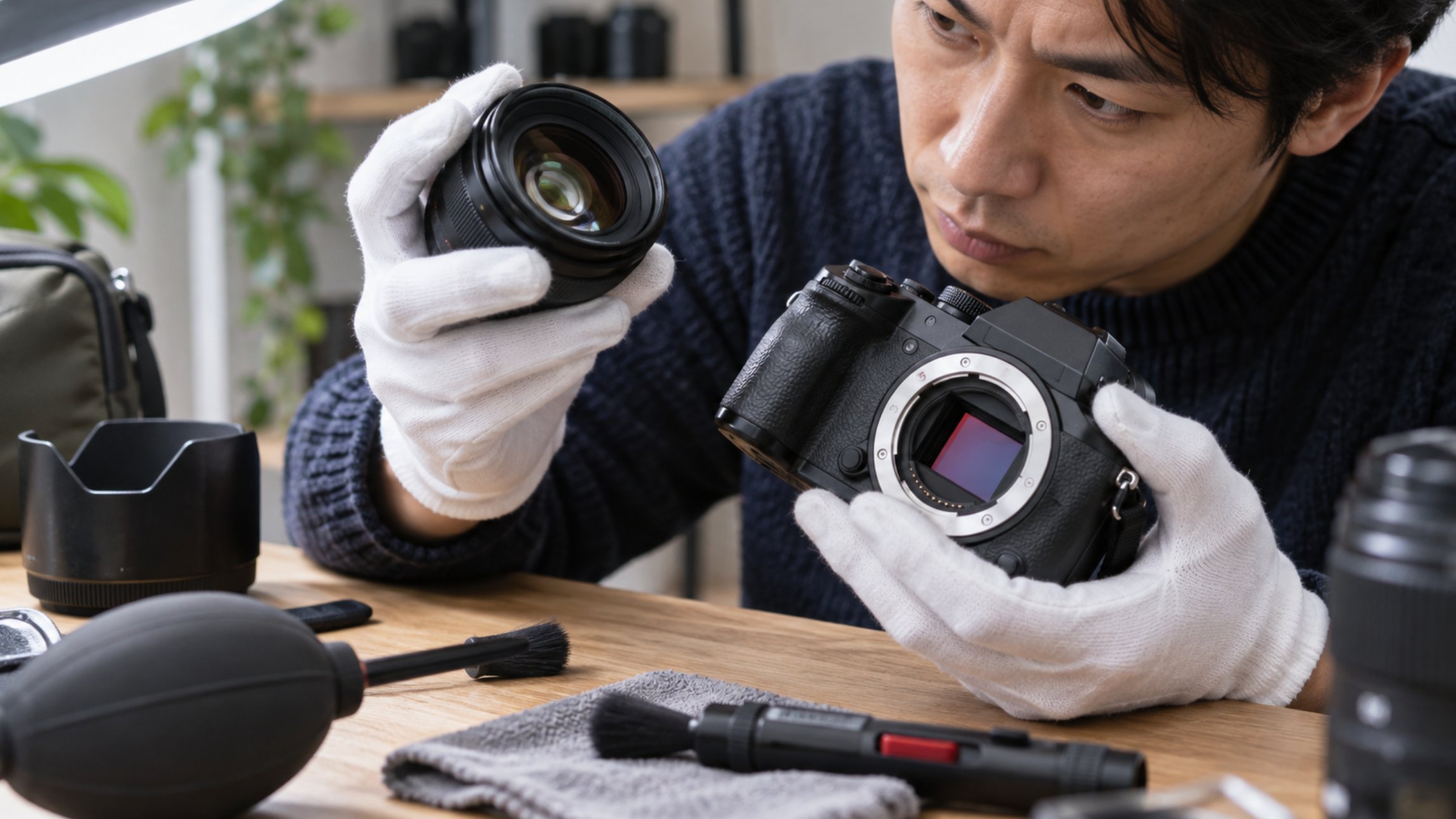 中古カメラのセンサーと交換レンズの状態を確認する男性