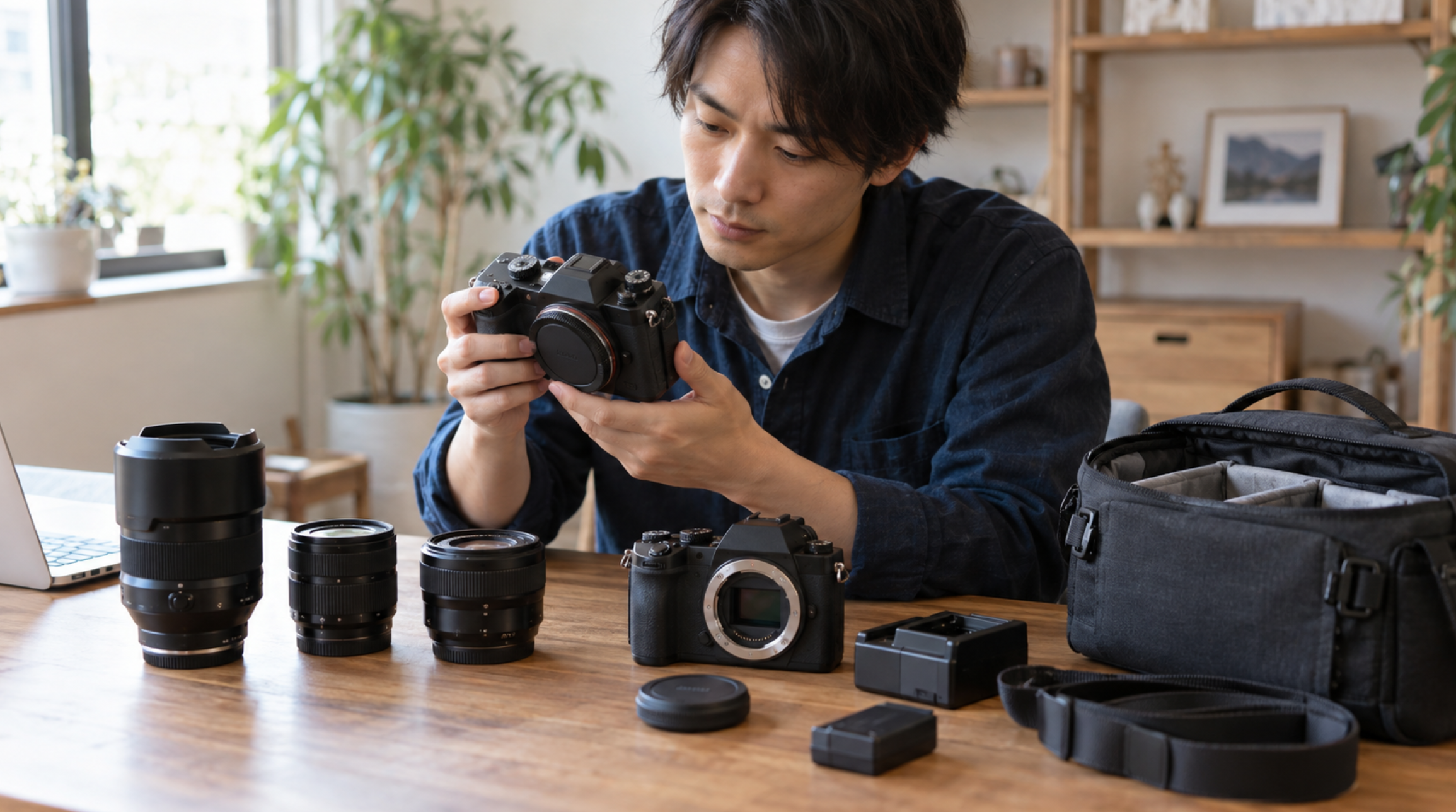 中古カメラと交換レンズの状態や付属品を比較する日本人男性
