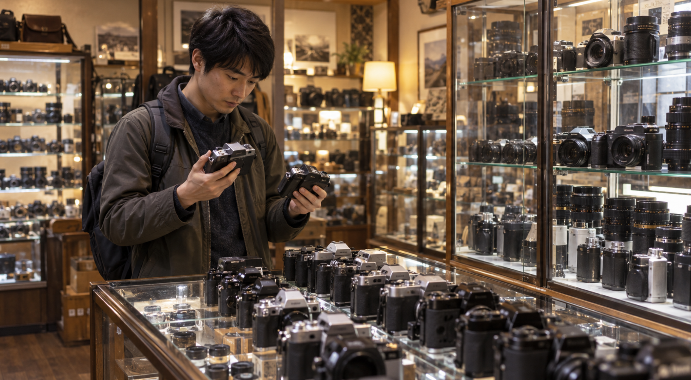 中古カメラ専門店で複数のカメラを比較する日本人男性