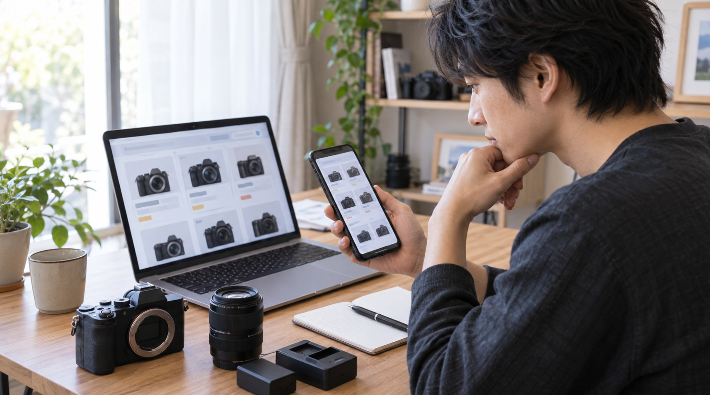 パソコンとスマートフォンで中古カメラの価格を比較する日本人男性
