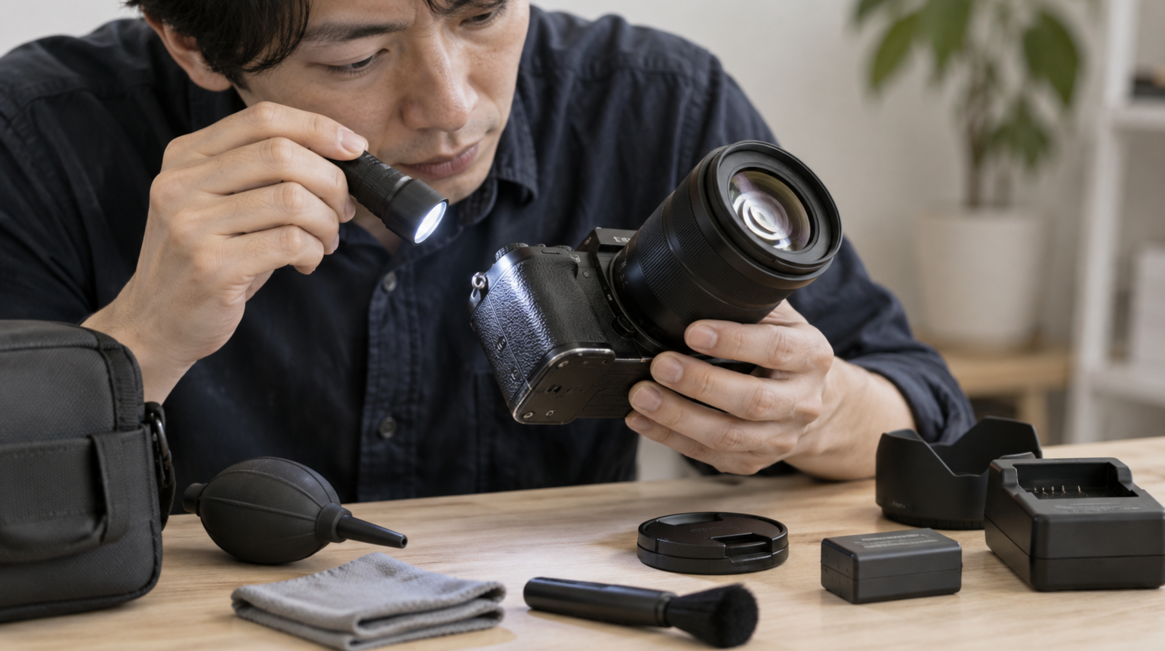 購入前に中古カメラやレンズの状態をライトで確認する日本人男性