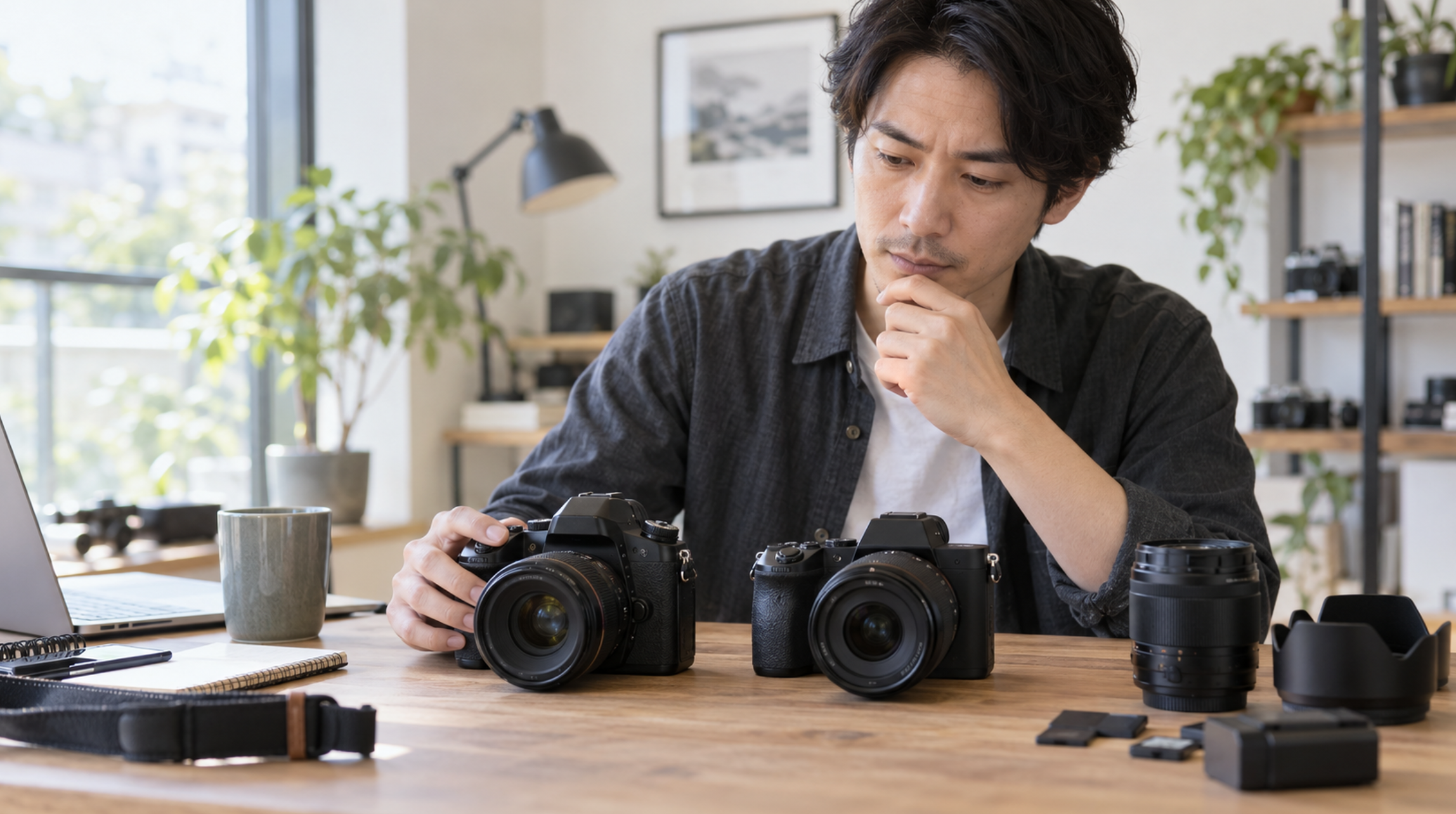 中古カメラ2台の価格や状態を比較する日本人男性