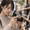 中古カメラ店でミラーレスカメラの状態を確認する日本人女性