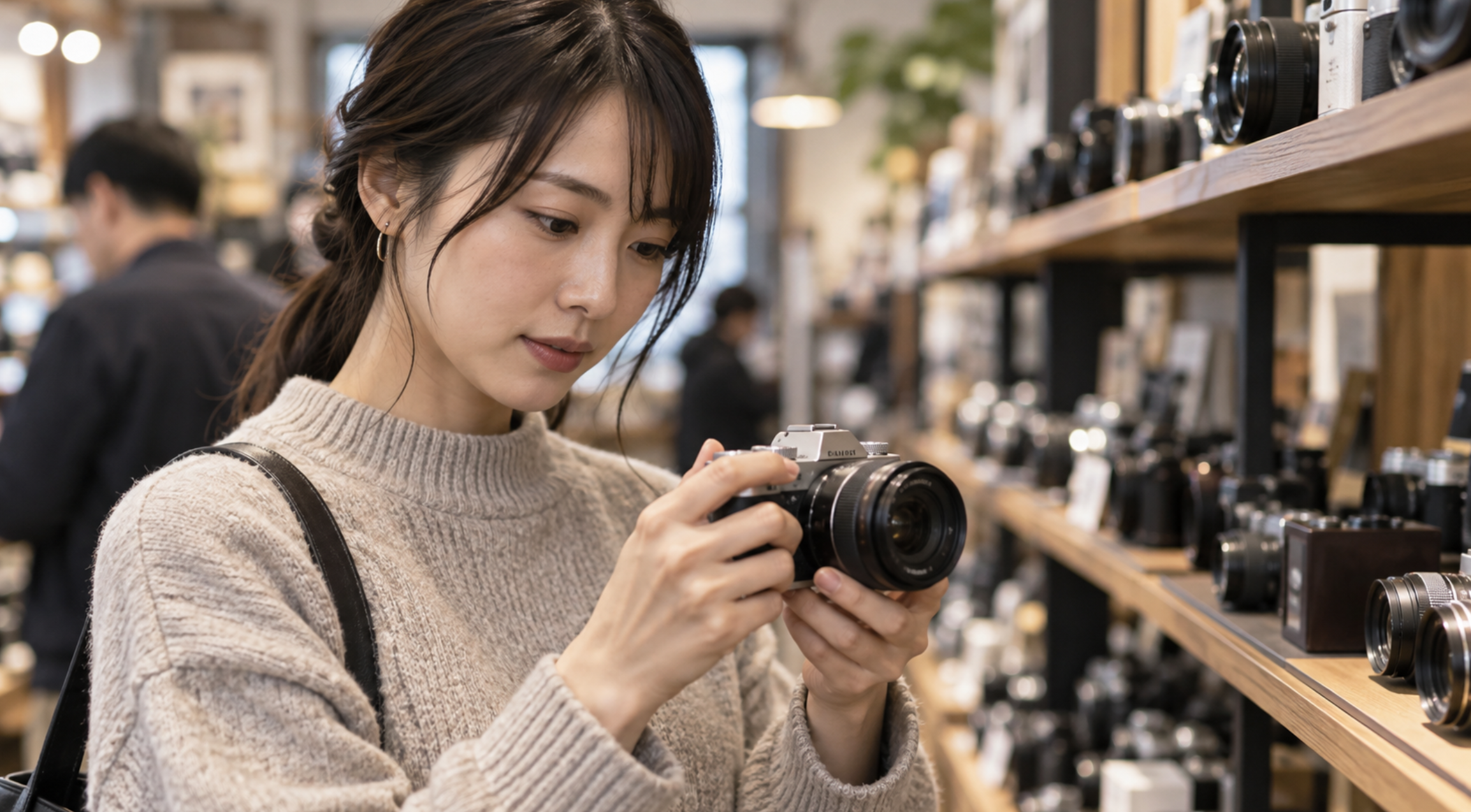 中古カメラ店でミラーレスカメラの状態を確認する日本人女性