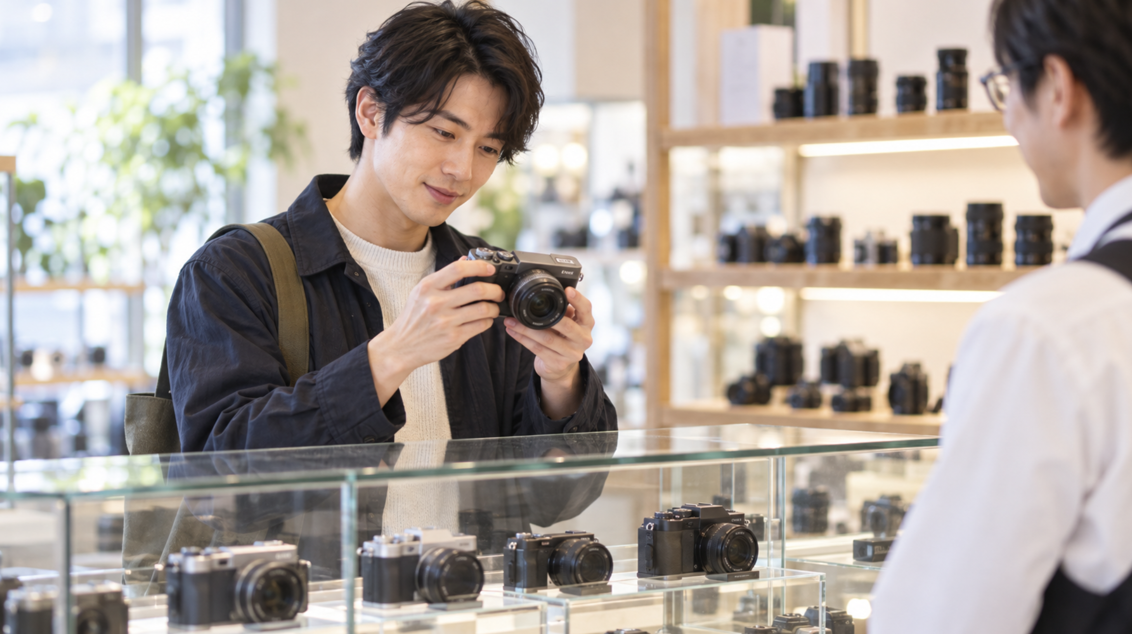 中古カメラ店で初心者がミラーレスカメラの状態を確認する様子