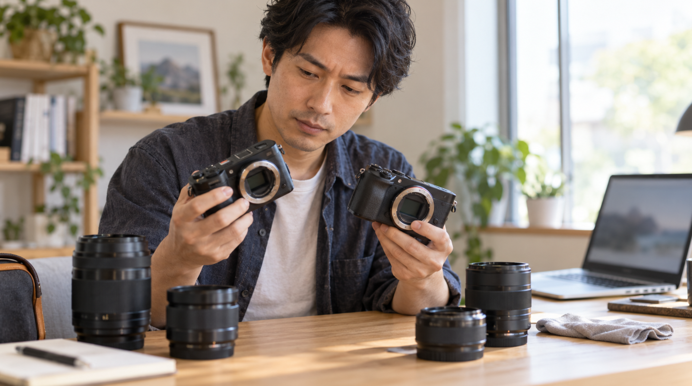 中古ミラーレスカメラ2台を比較する日本人男性と交換レンズ