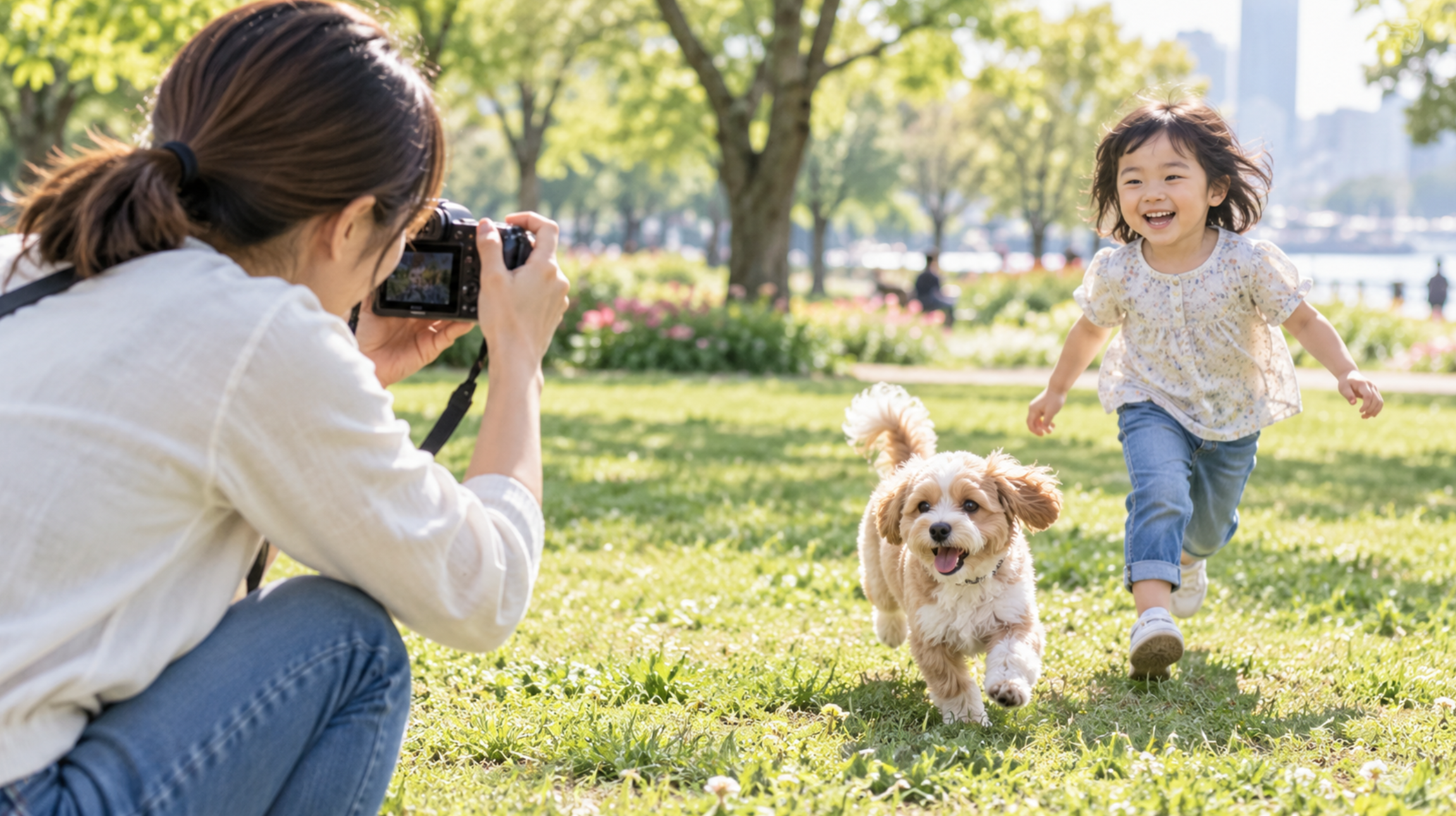 ミラーレスカメラで走る子どもと犬を撮影する日本人女性