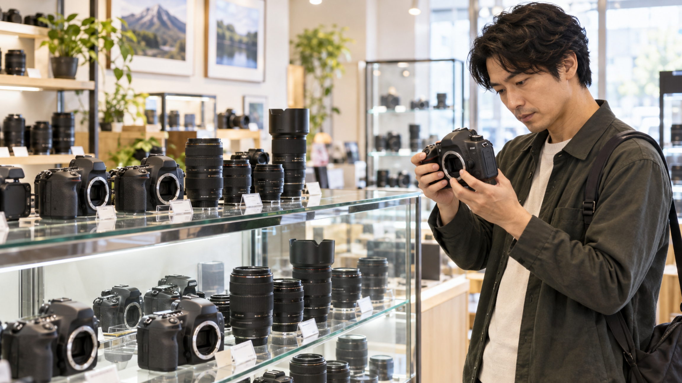 中古カメラ店で一眼レフカメラの状態を確認する男性