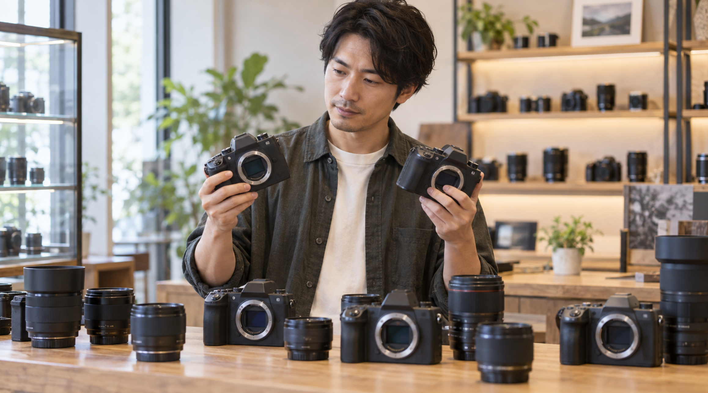 中古フルサイズカメラと交換レンズを店頭で比較する日本人男性