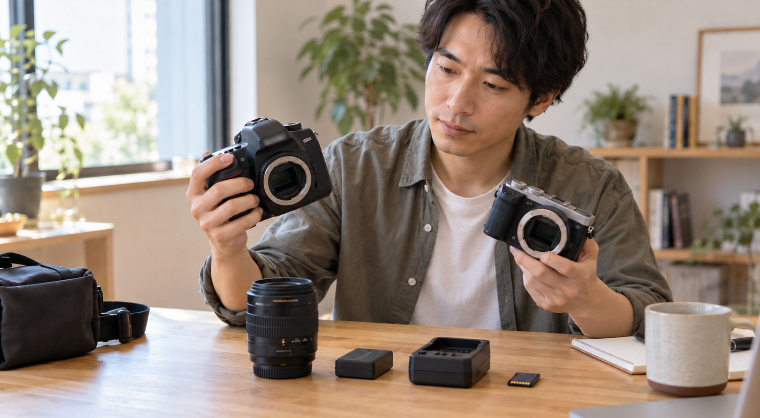 中古カメラの一眼レフとミラーレス、レンズや付属品を比較する男性
