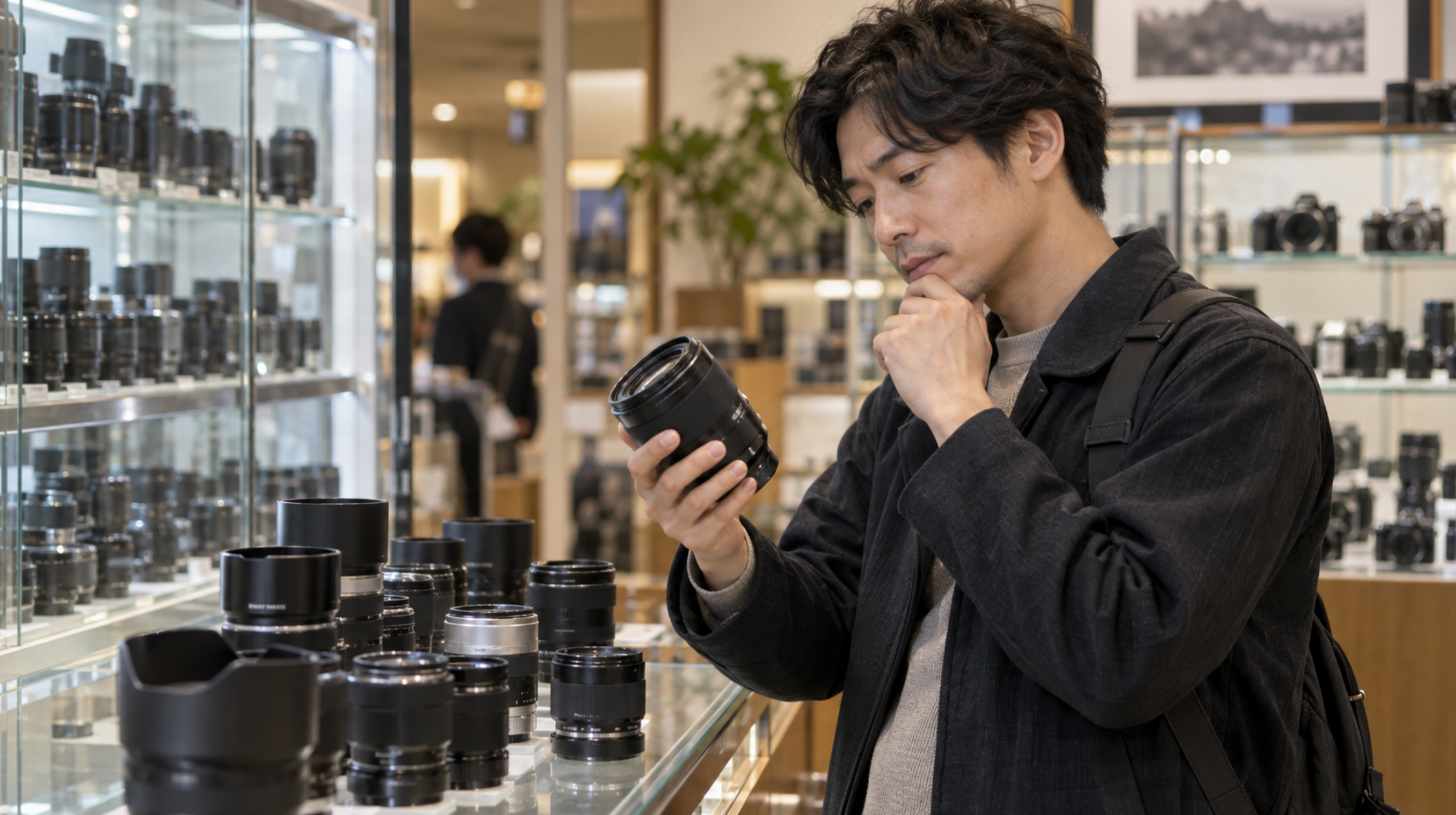 中古カメラ専門店で中古レンズを比較する男性