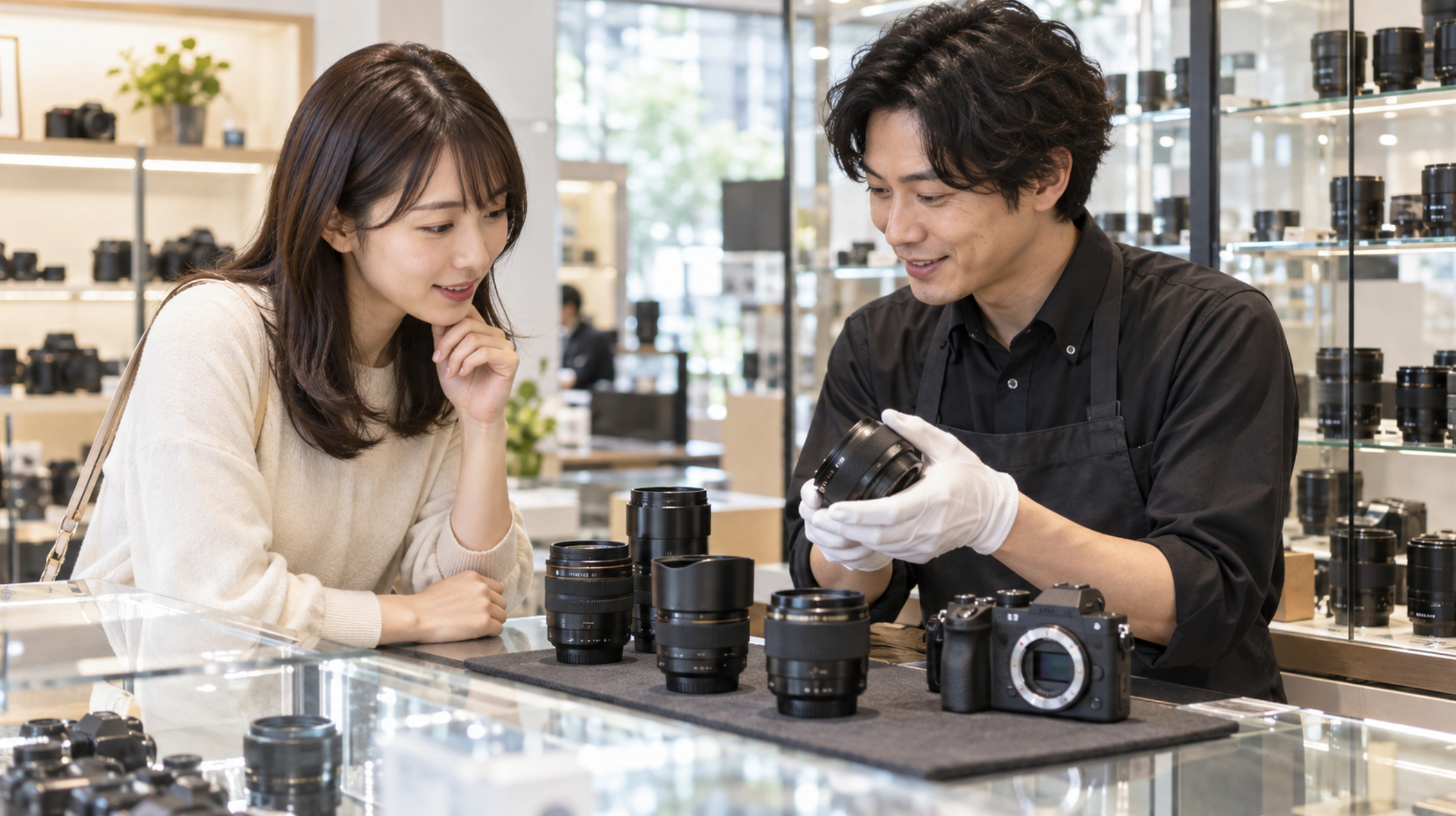 カメラ専門店で中古レンズについて店員に相談する女性