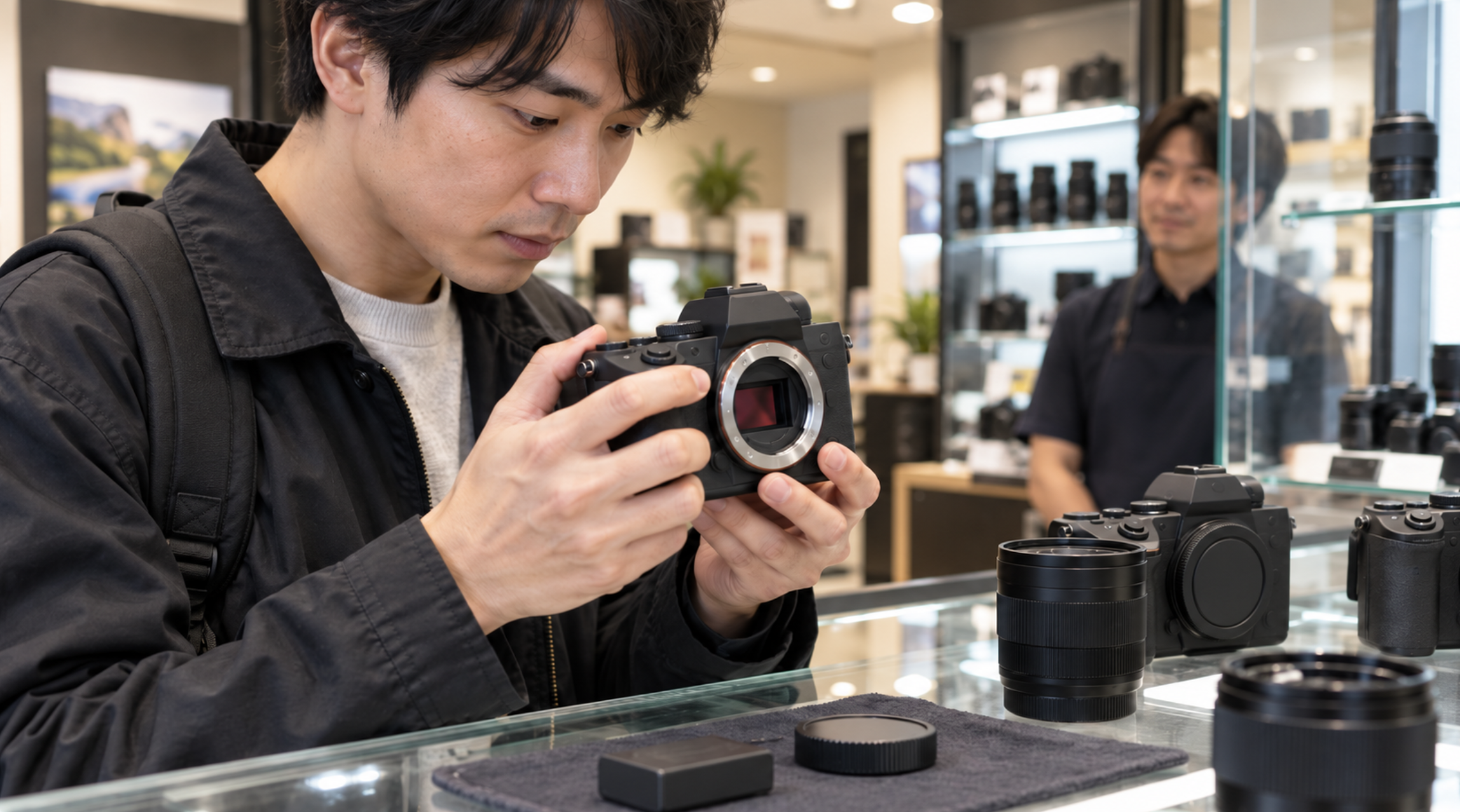 中古ミラーレスカメラのセンサーや外観を店頭で確認する日本人男性