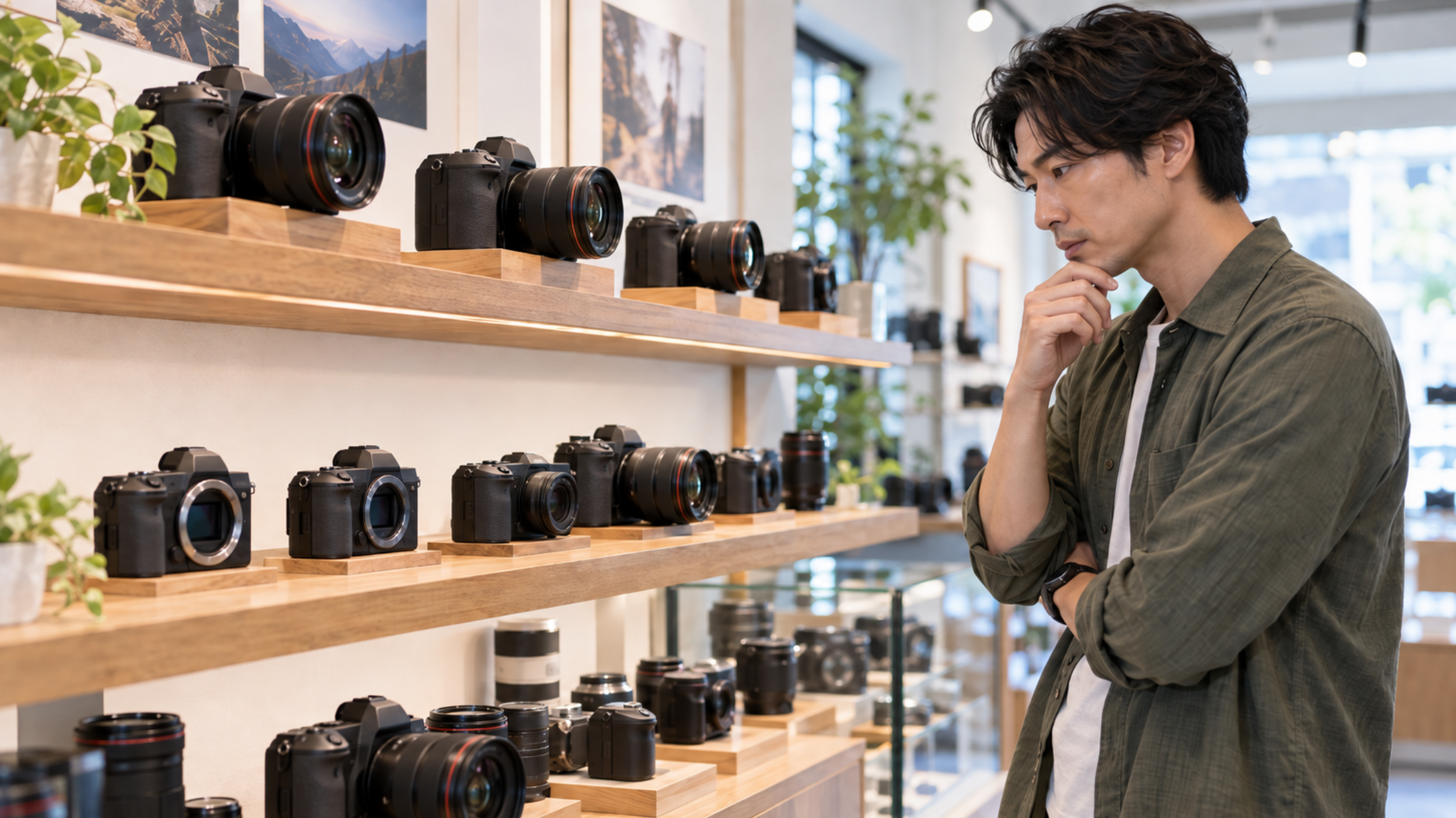 中古キヤノンカメラを店頭で比較して選ぶ男性