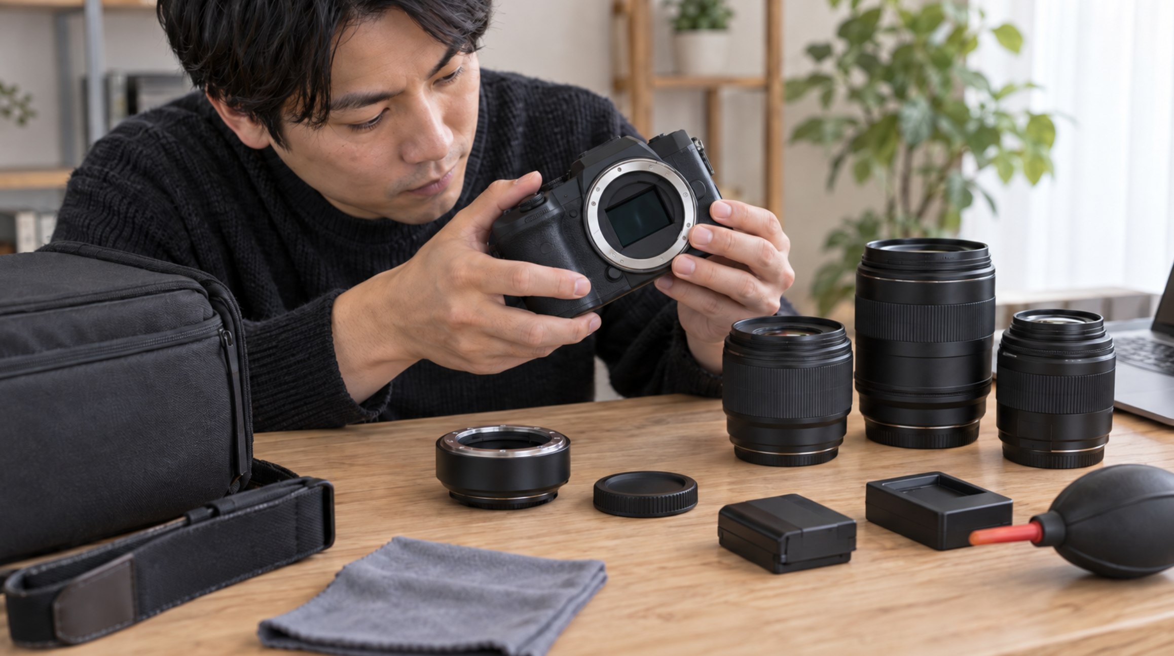 中古カメラのマウントやレンズと付属品を点検する男性