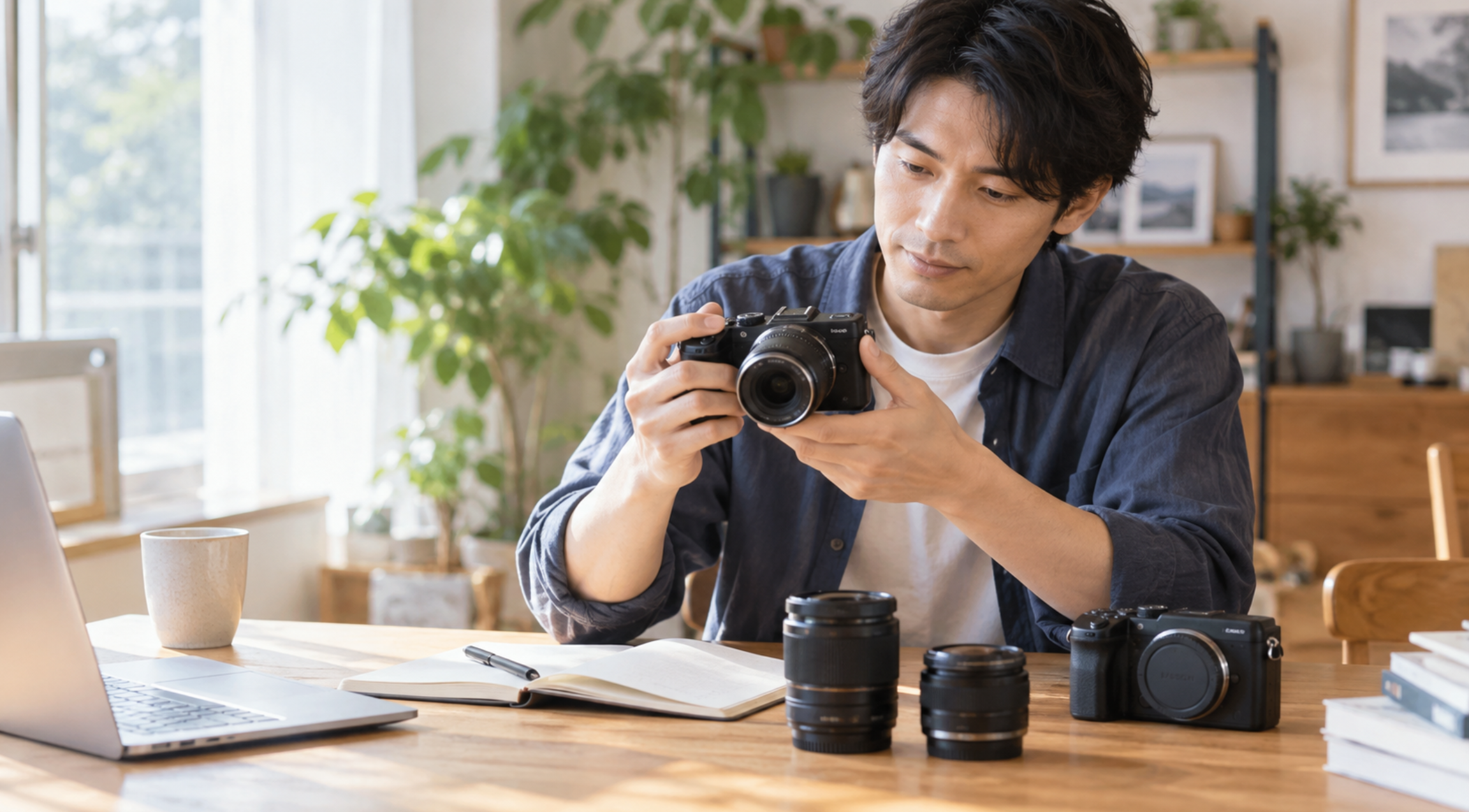 日本人男性が中古ミラーレスカメラと交換レンズを比較しながら購入を検討する様子