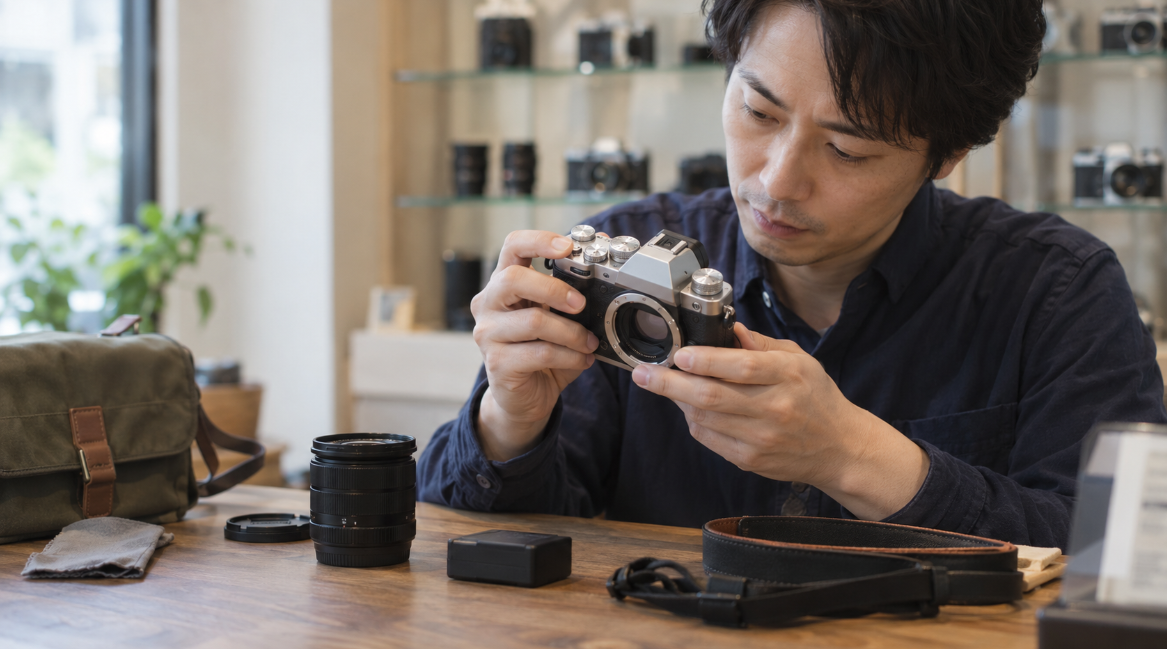 中古の富士フイルムカメラの外観や動作状態を確認する男性