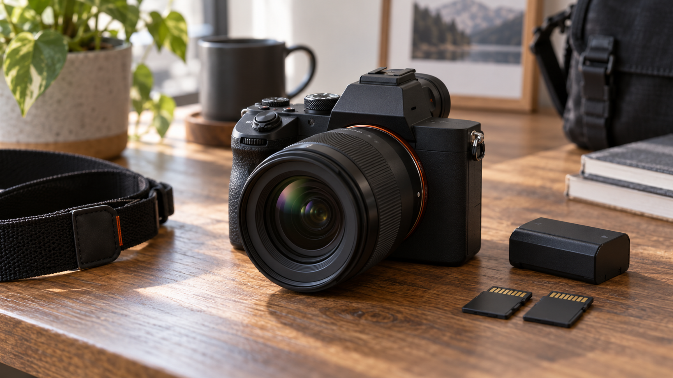 中古α7 IIIをイメージしたミラーレスカメラとバッテリー、SDカード