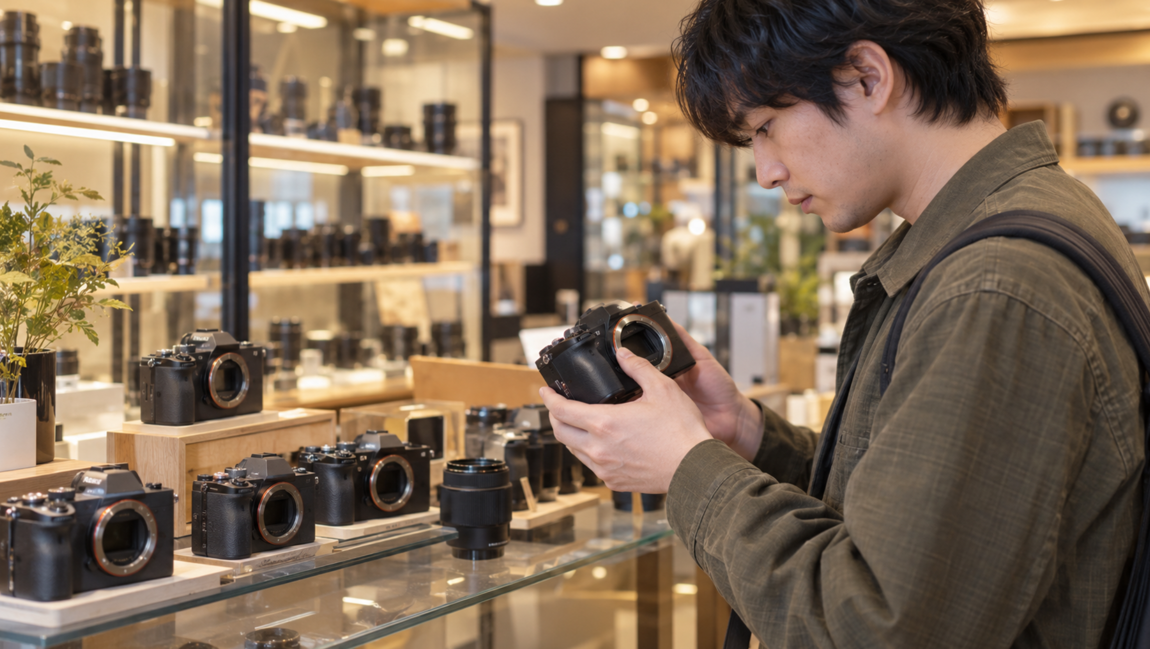 中古カメラ店でα7 IIIクラスのミラーレスカメラを比較する男性