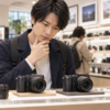 カメラ店で中古α6400と他のミラーレスカメラを比較する日本人男性