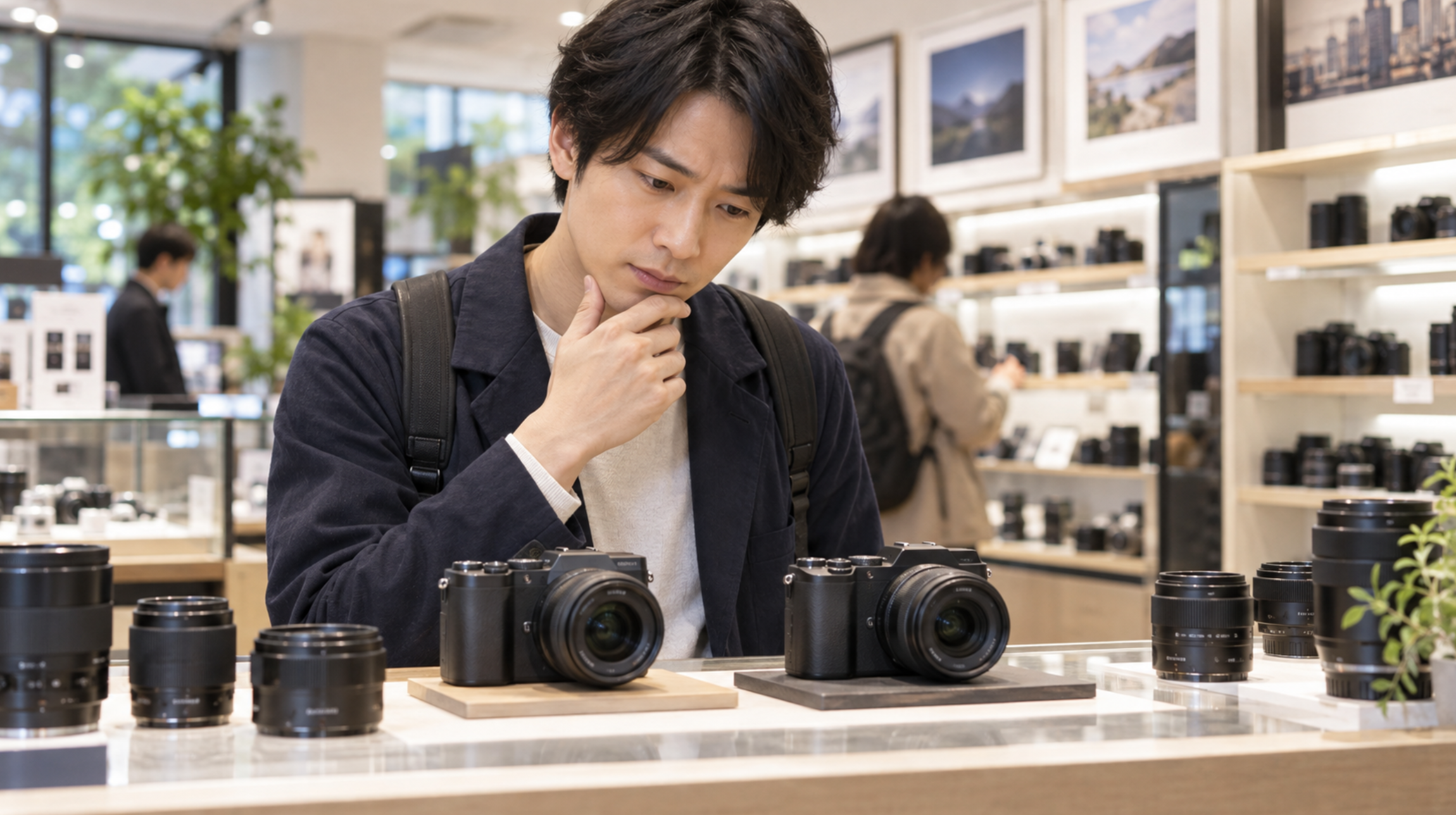 カメラ店で中古α6400と他のミラーレスカメラを比較する日本人男性