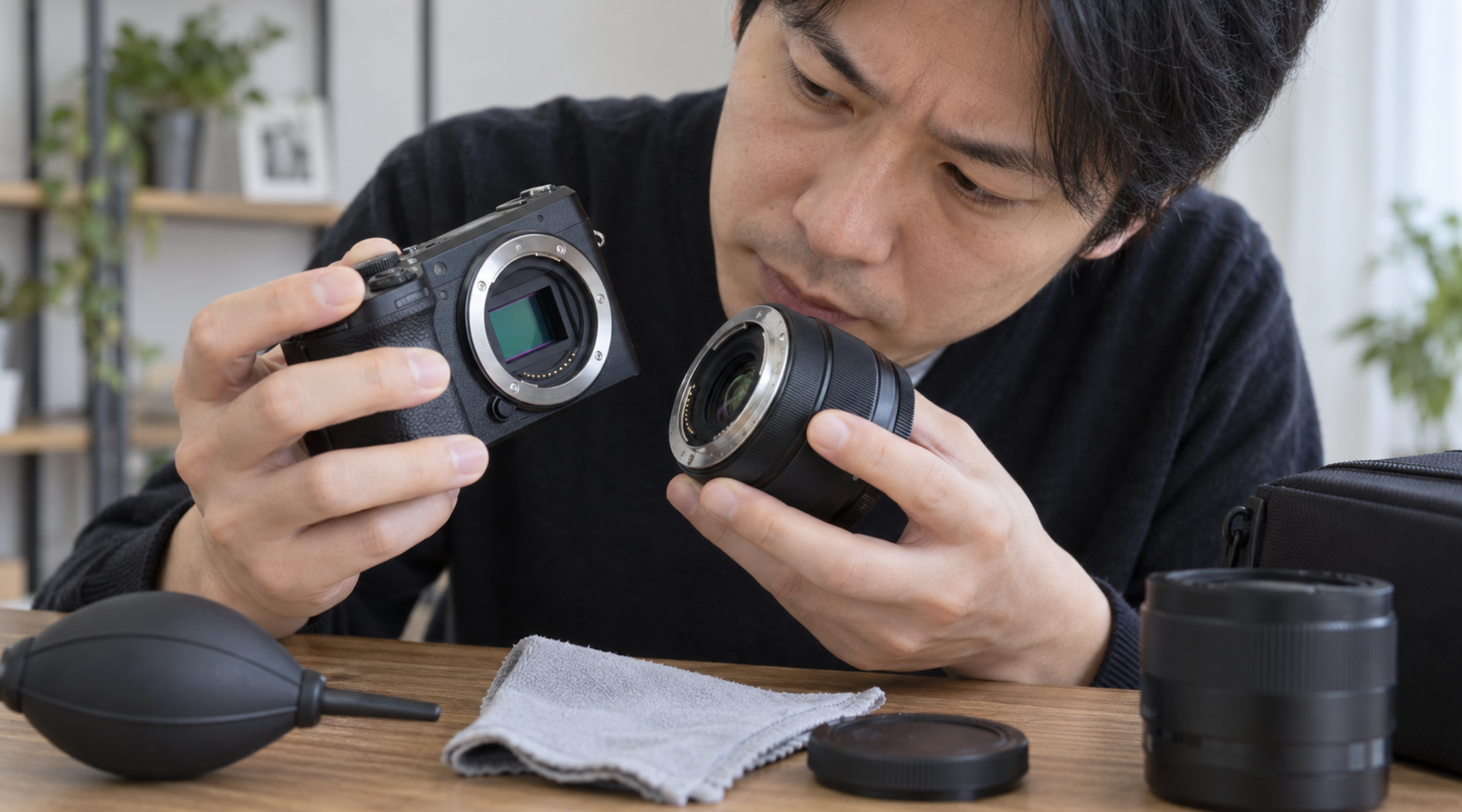 中古α6400購入前にセンサーとレンズマウントを確認する様子