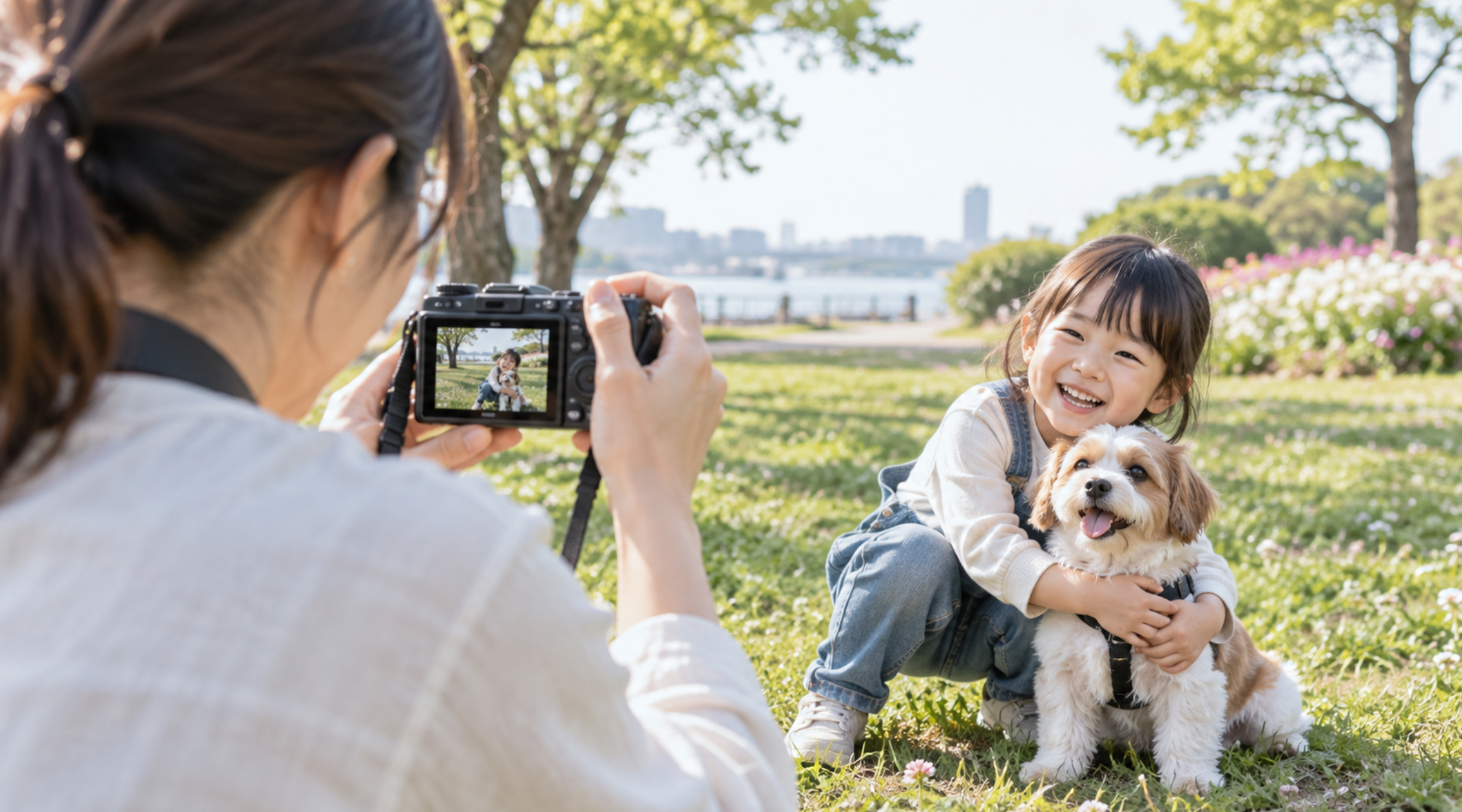 α6400のようなミラーレスカメラで子どもと犬を撮影する日本人女性