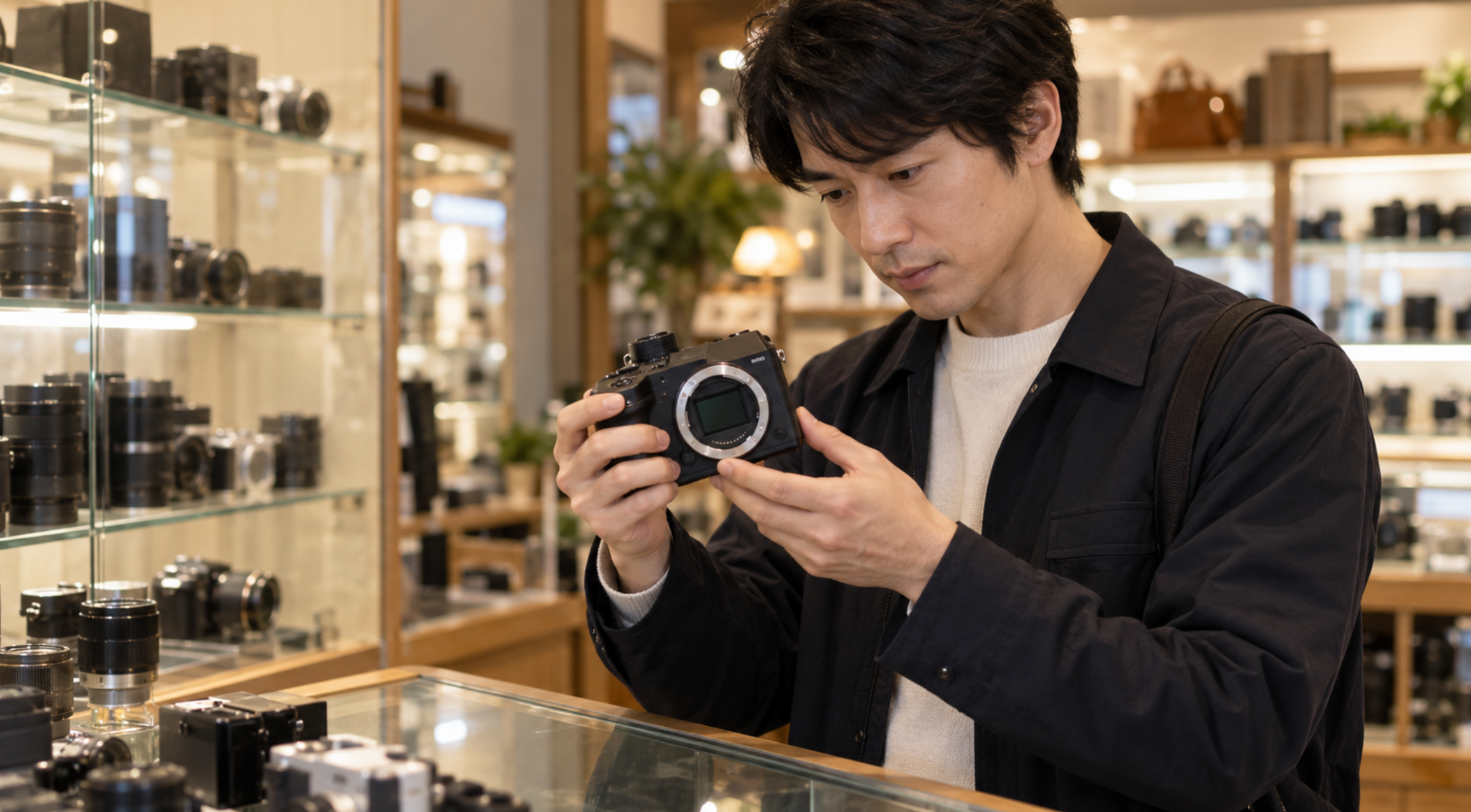 中古カメラ店でミラーレスカメラの状態を確認する日本人男性
