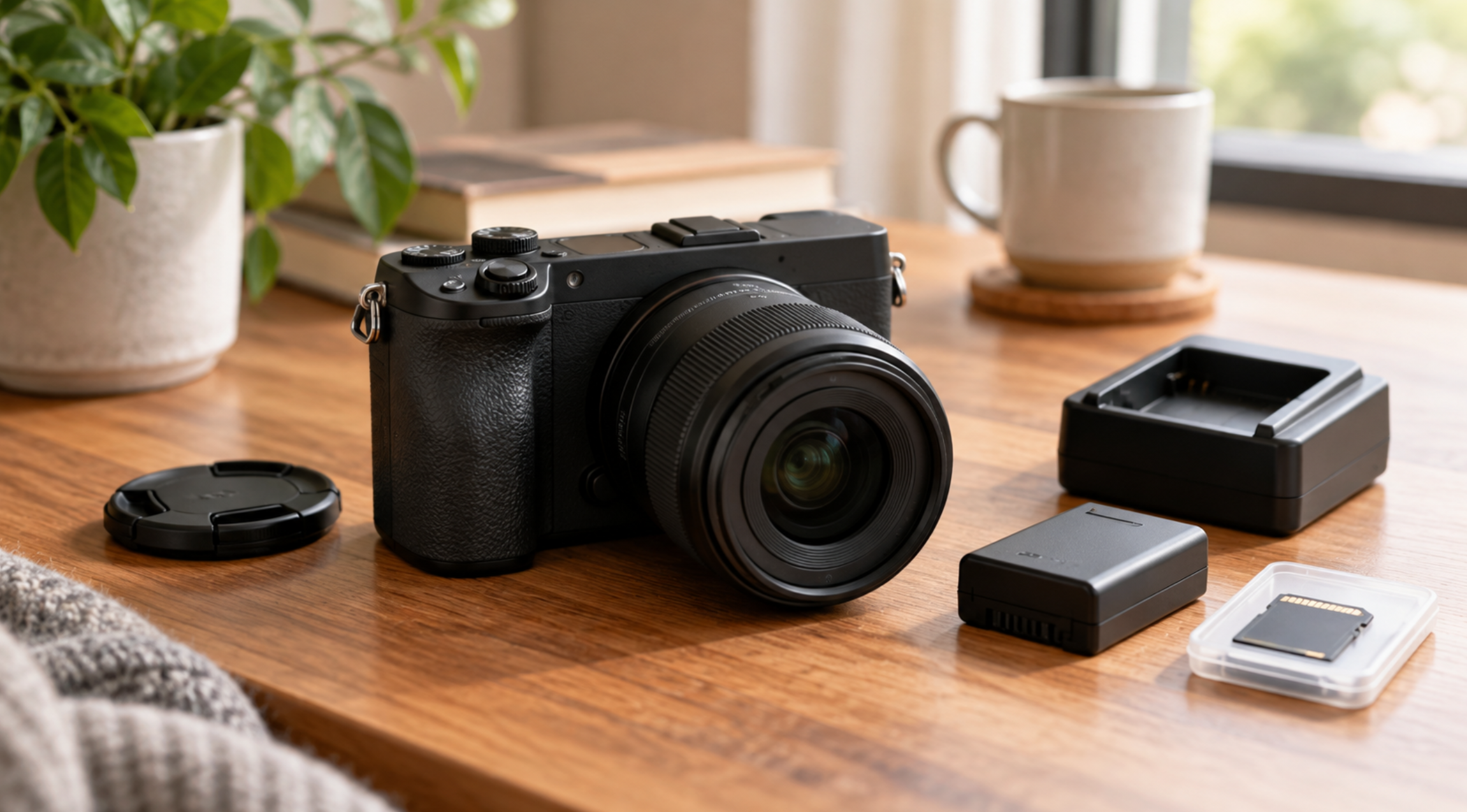 EOS R10中古選びをイメージしたミラーレスカメラとバッテリーや充電器などの付属品