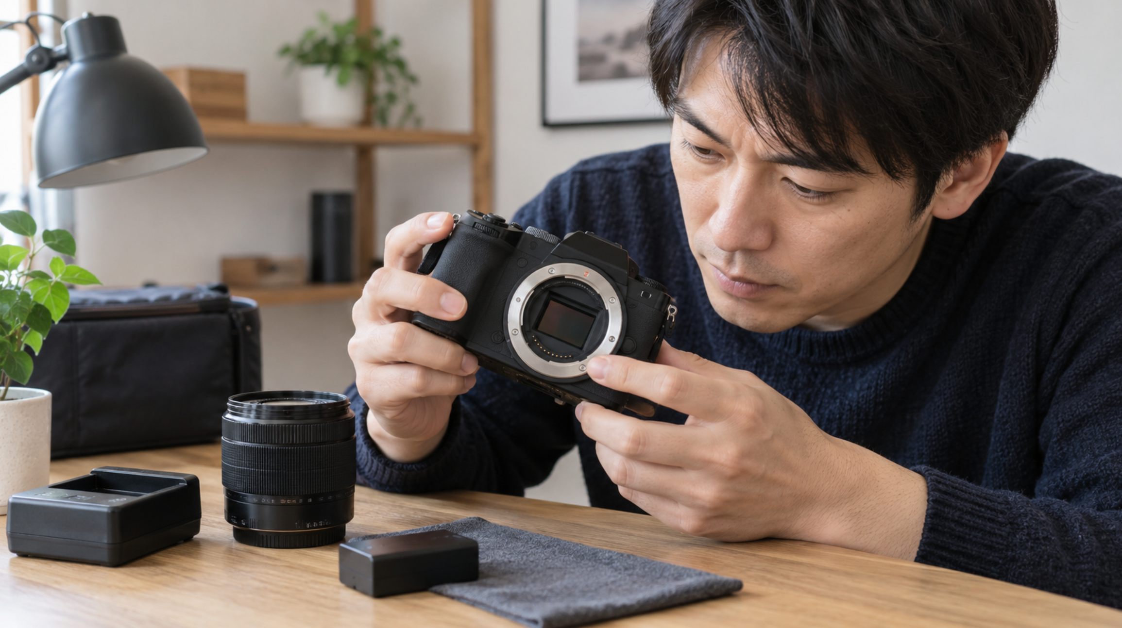 EOS R10中古購入前の状態確認をイメージしてカメラのマウントやセンサーを点検する日本人男性