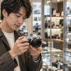 中古カメラ店でNikon Z fcをイメージしたミラーレスカメラの状態を確認する日本人男性