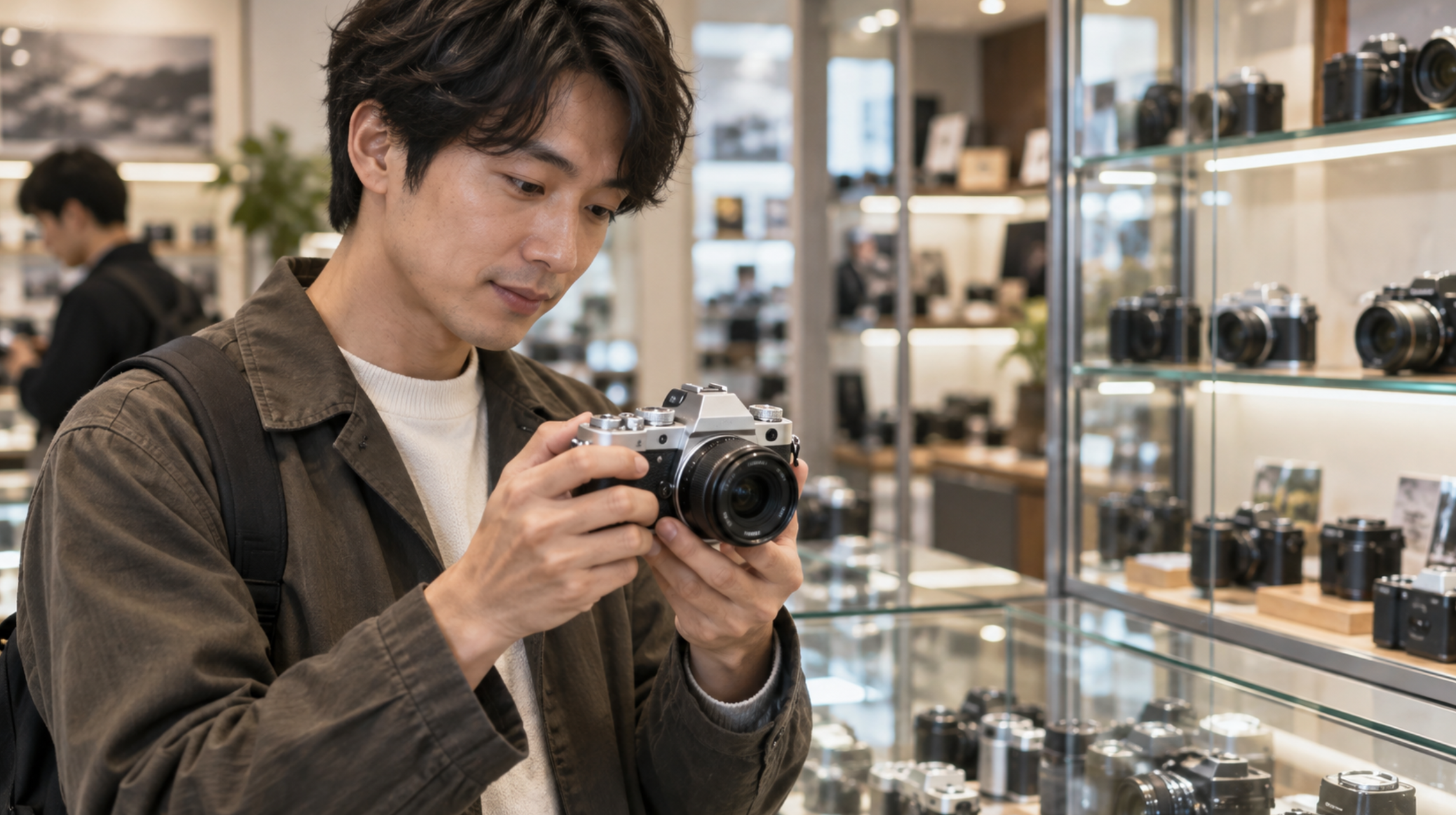 中古カメラ店でNikon Z fcをイメージしたミラーレスカメラの状態を確認する日本人男性