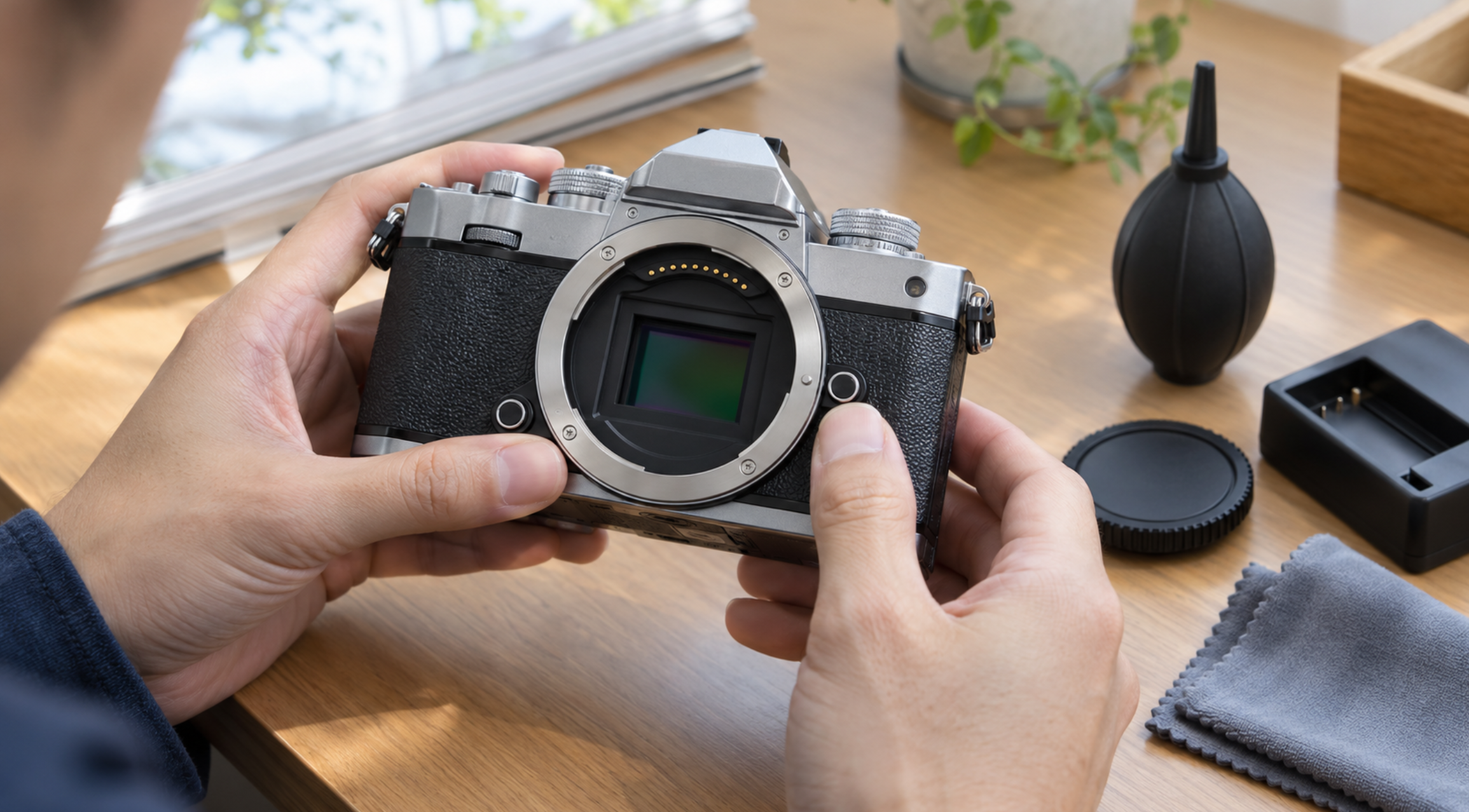 Nikon Z fcをイメージした中古ミラーレスカメラのセンサーとマウント部分を点検する様子