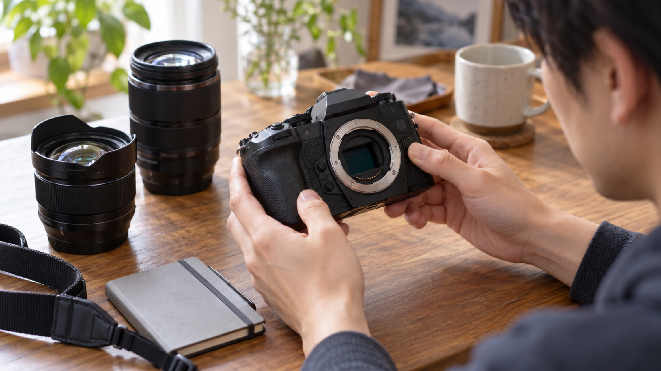 中古OM-1選びを想定してミラーレスカメラの本体状態を確認する様子