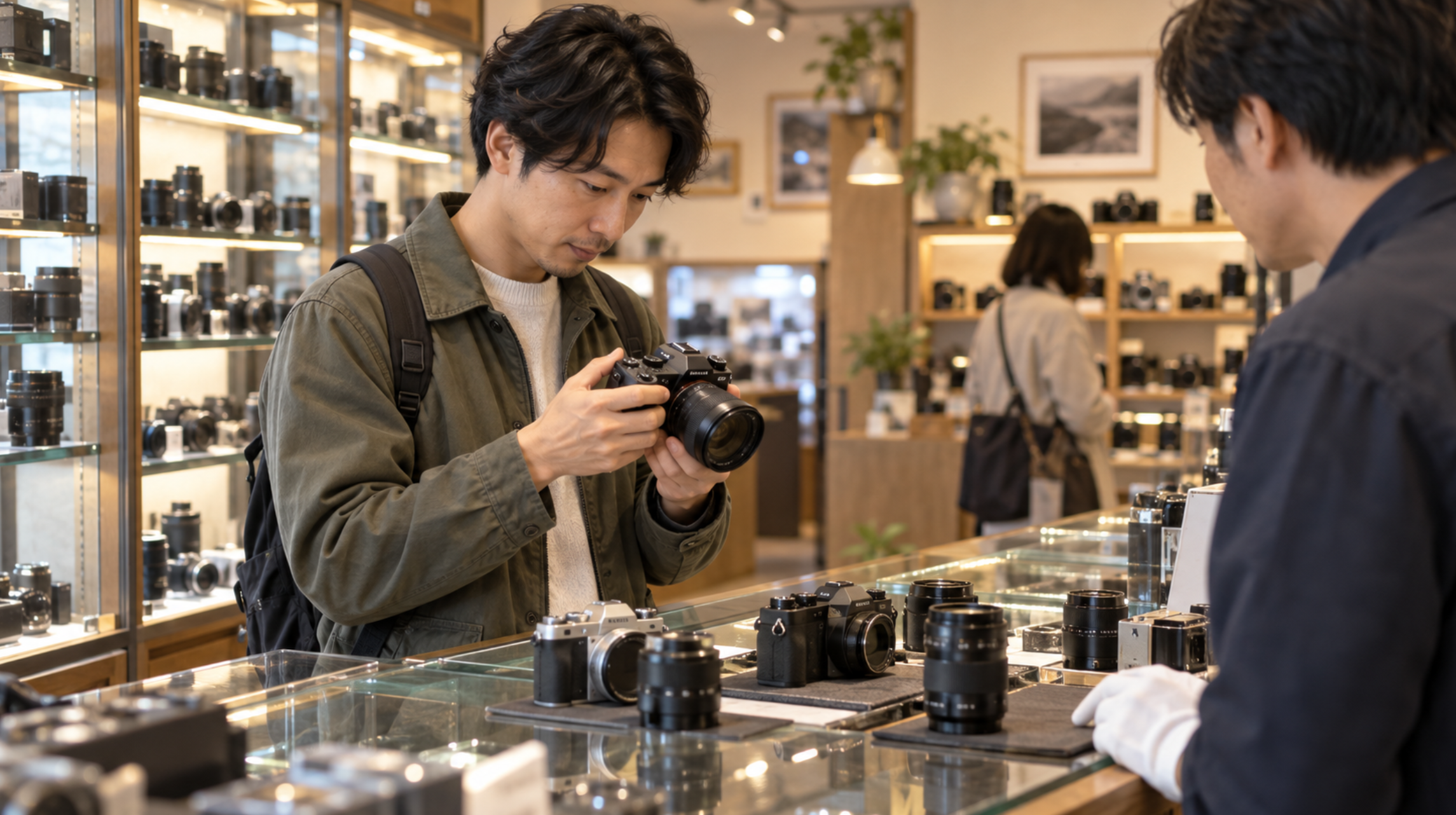 中古カメラ店でOM-1候補のミラーレスカメラを比較して状態を確認する男性