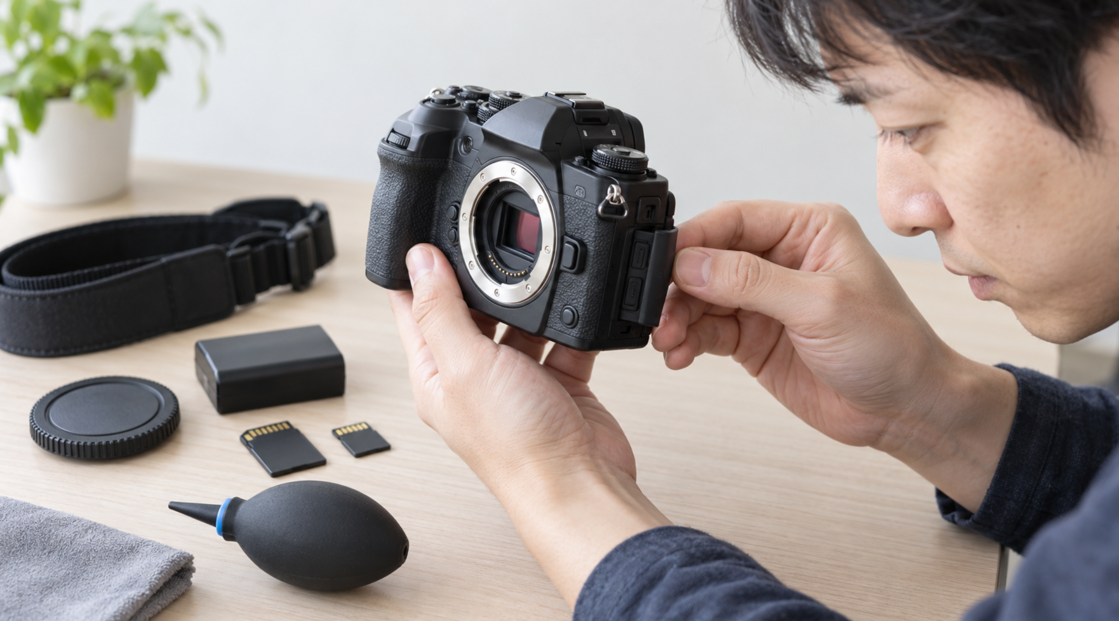 中古OM-1購入前にカメラの端子やマウント、バッテリー周辺を点検する様子