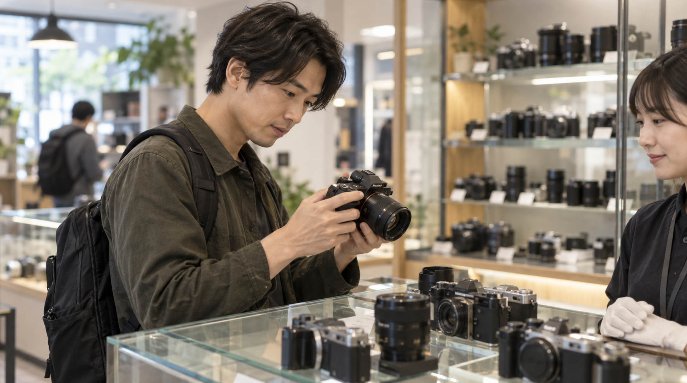中古カメラ店でミラーレスカメラの状態を確認する日本人男性