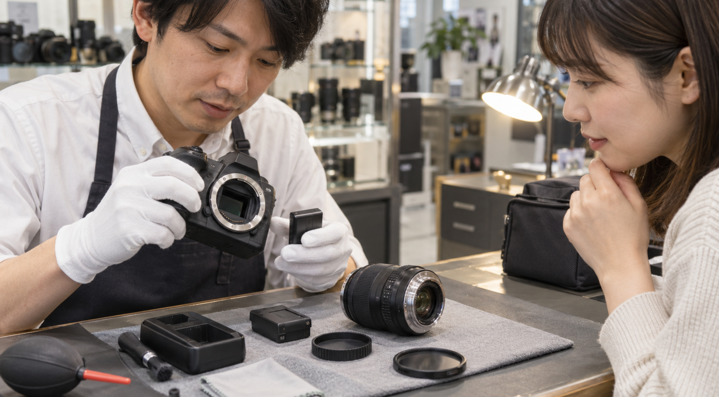 中古カメラの本体やレンズを店頭で点検する日本人スタッフ