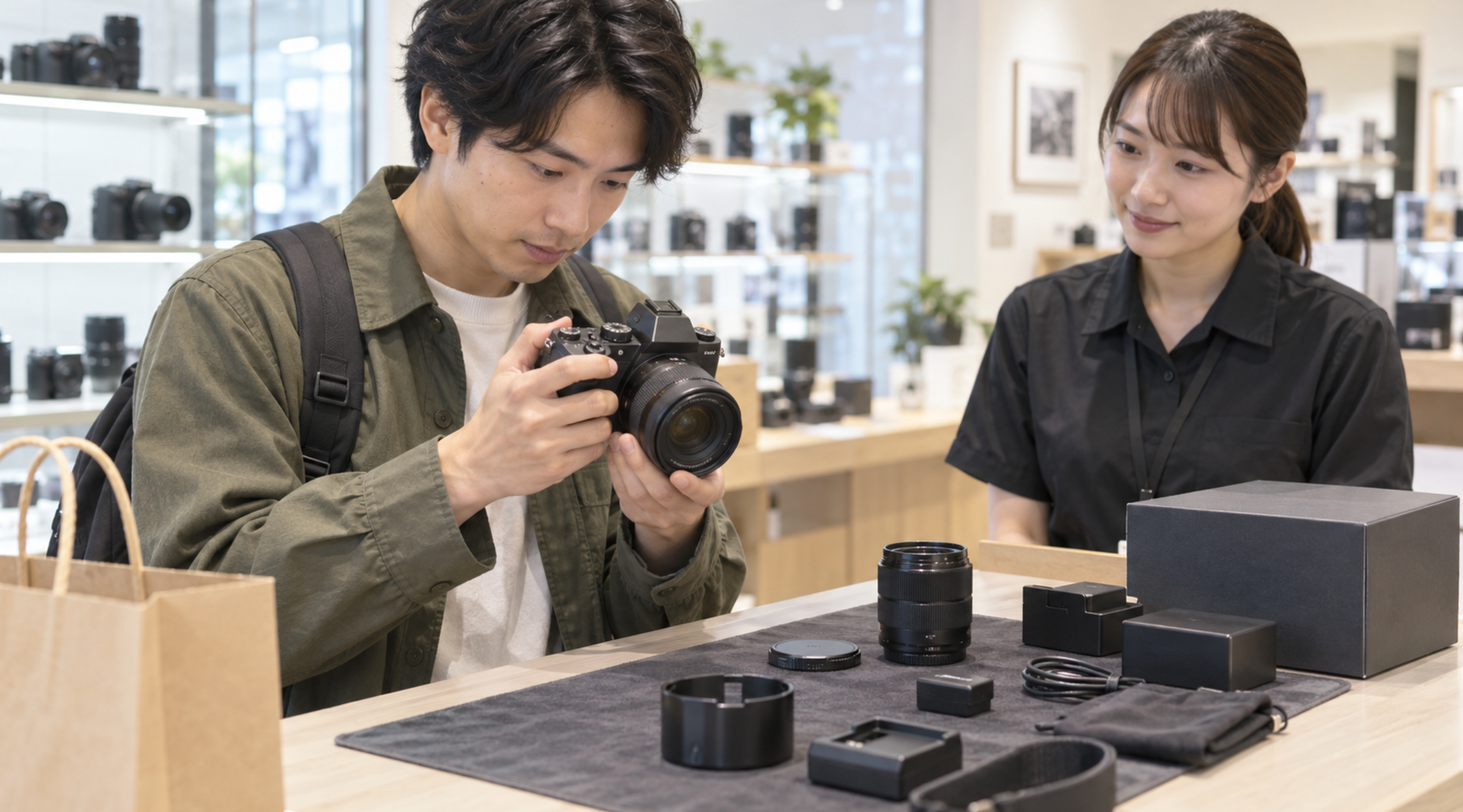 店舗取り寄せした中古カメラと付属品を確認する日本人男性