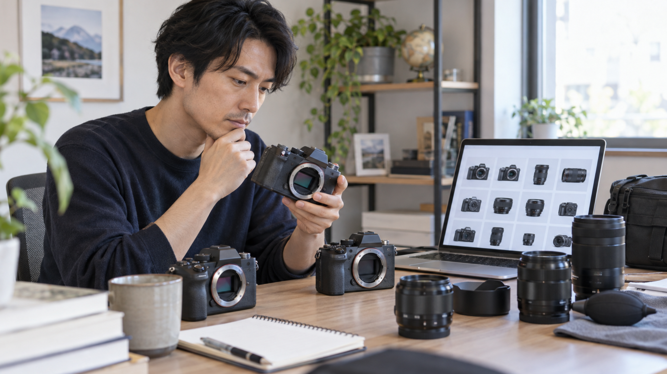 中古カメラと交換レンズをパソコンで比較しながら選ぶ男性