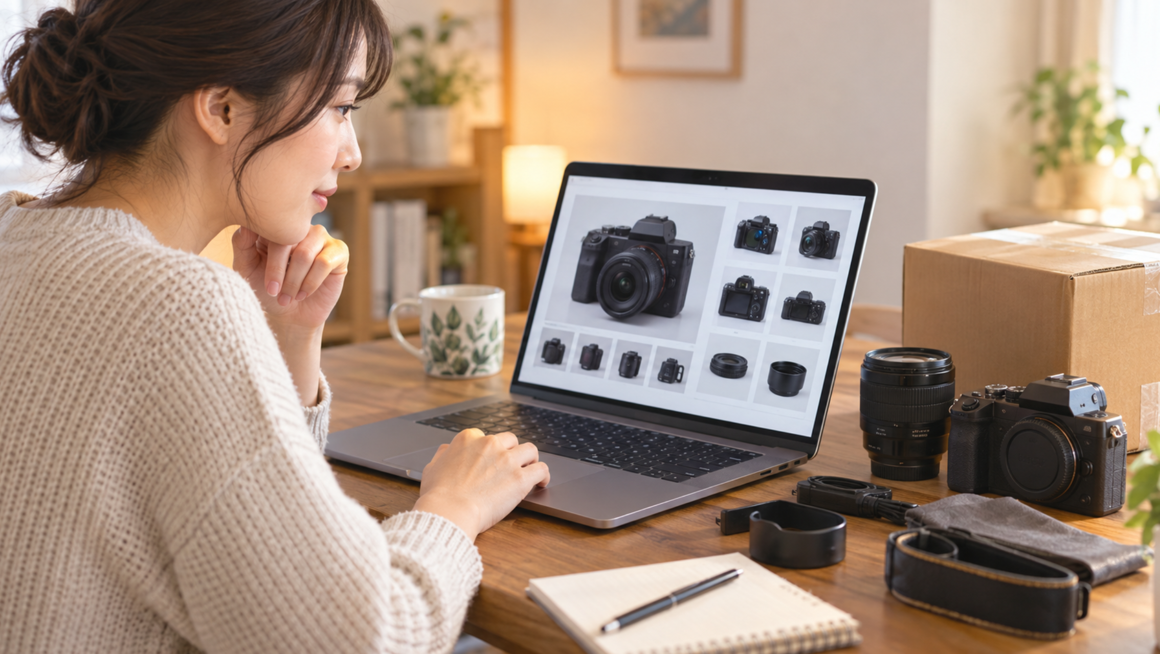 中古カメラの商品写真や付属品をネットで確認する女性