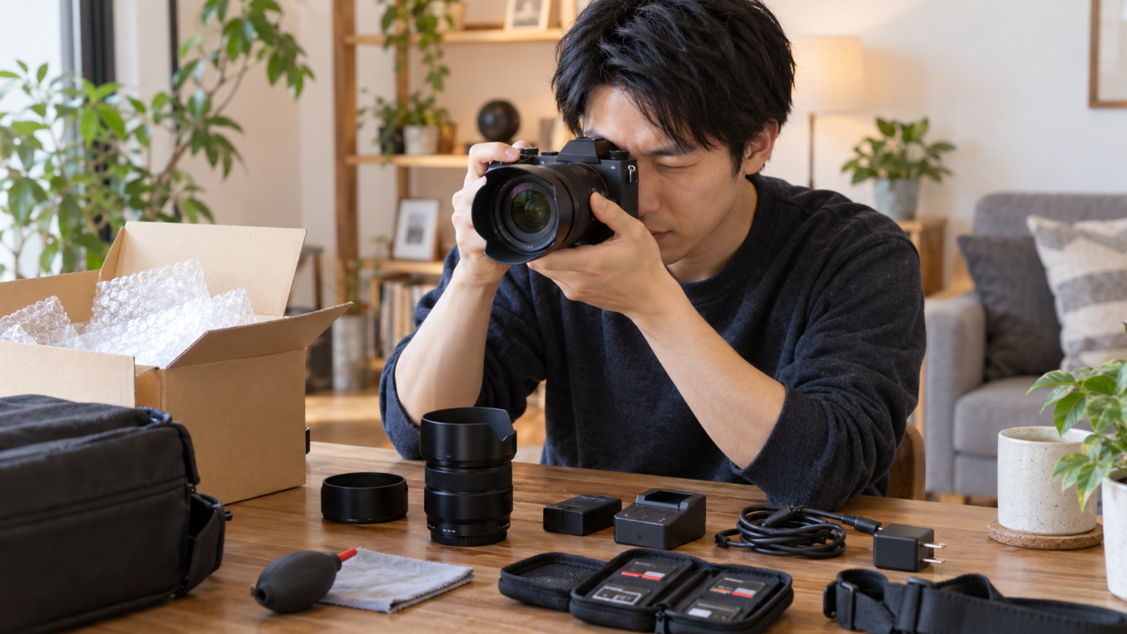 購入した中古カメラの動作と付属品を確認する男性