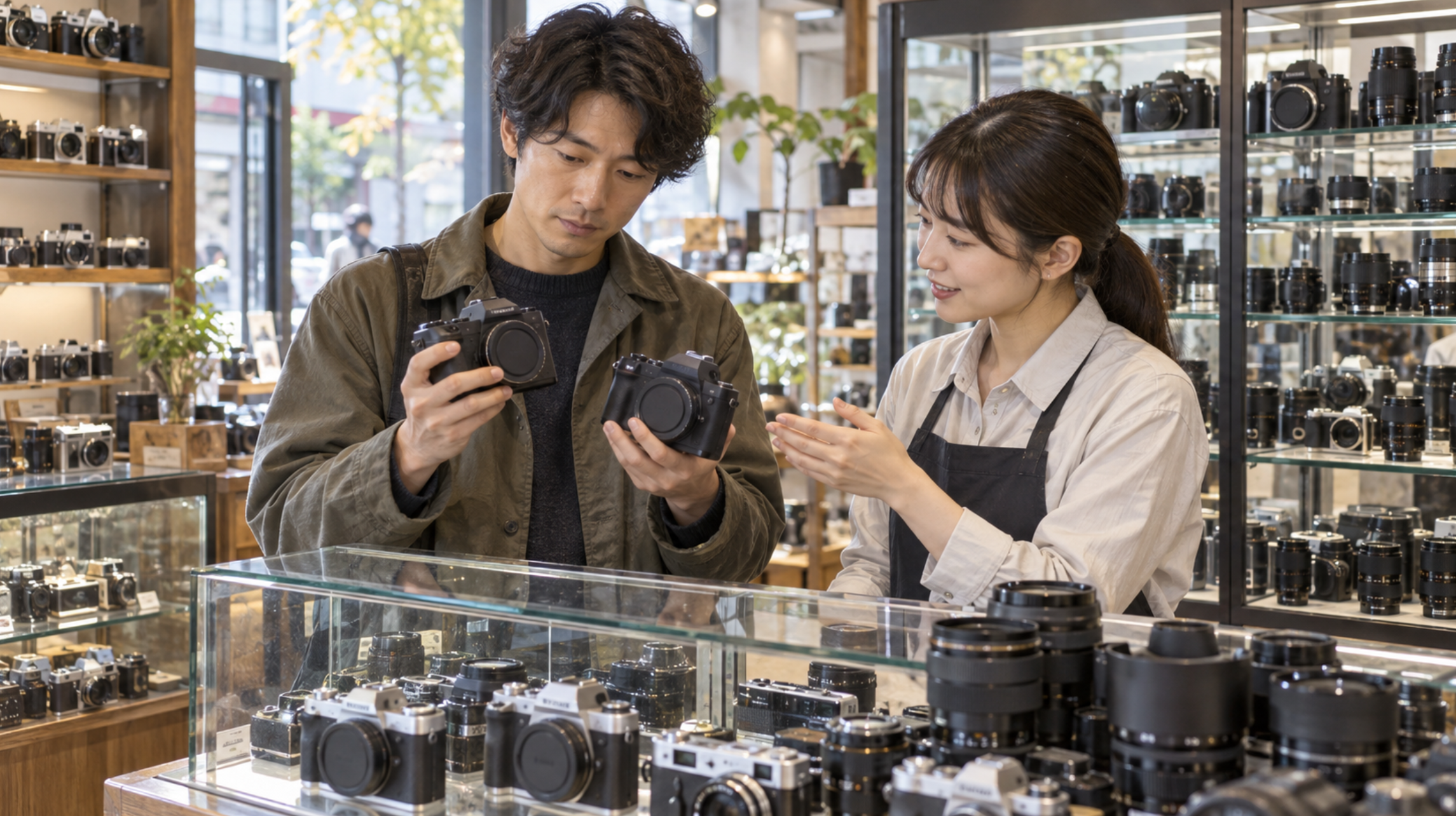 中古カメラ専門店で複数のカメラを比較する日本人の購入者