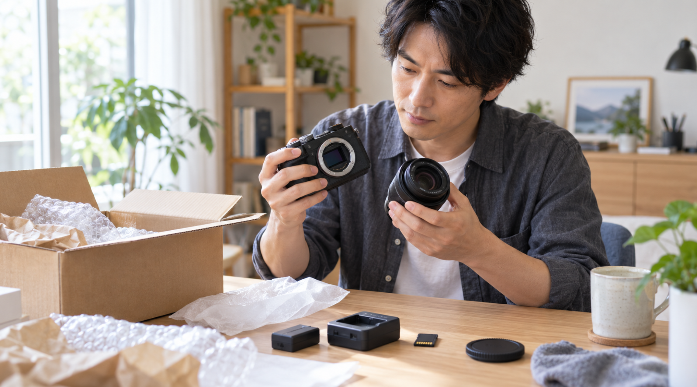 通販で届いた中古カメラとレンズの状態を確認する日本人男性