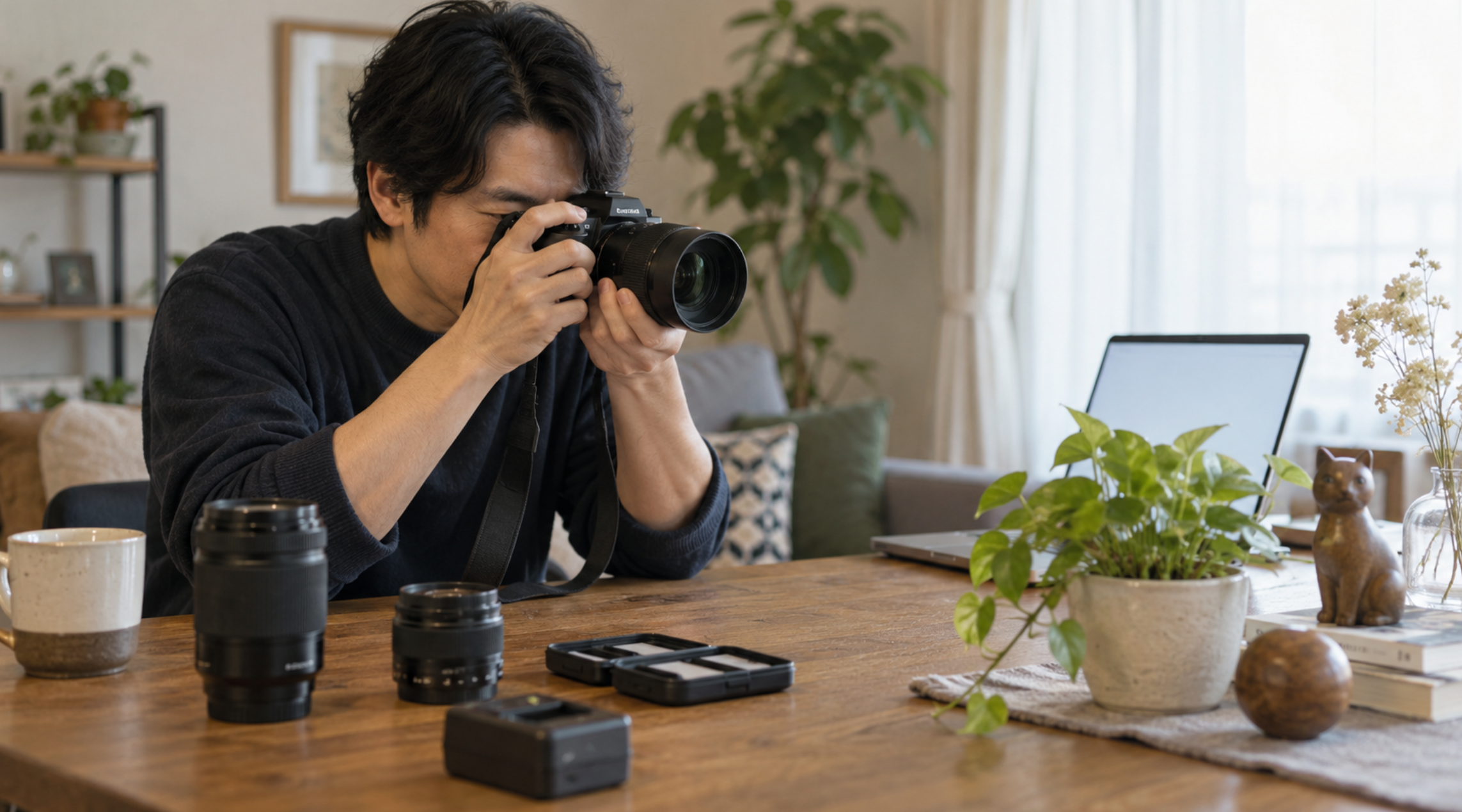 中古カメラ購入後に実写して動作確認する日本人男性