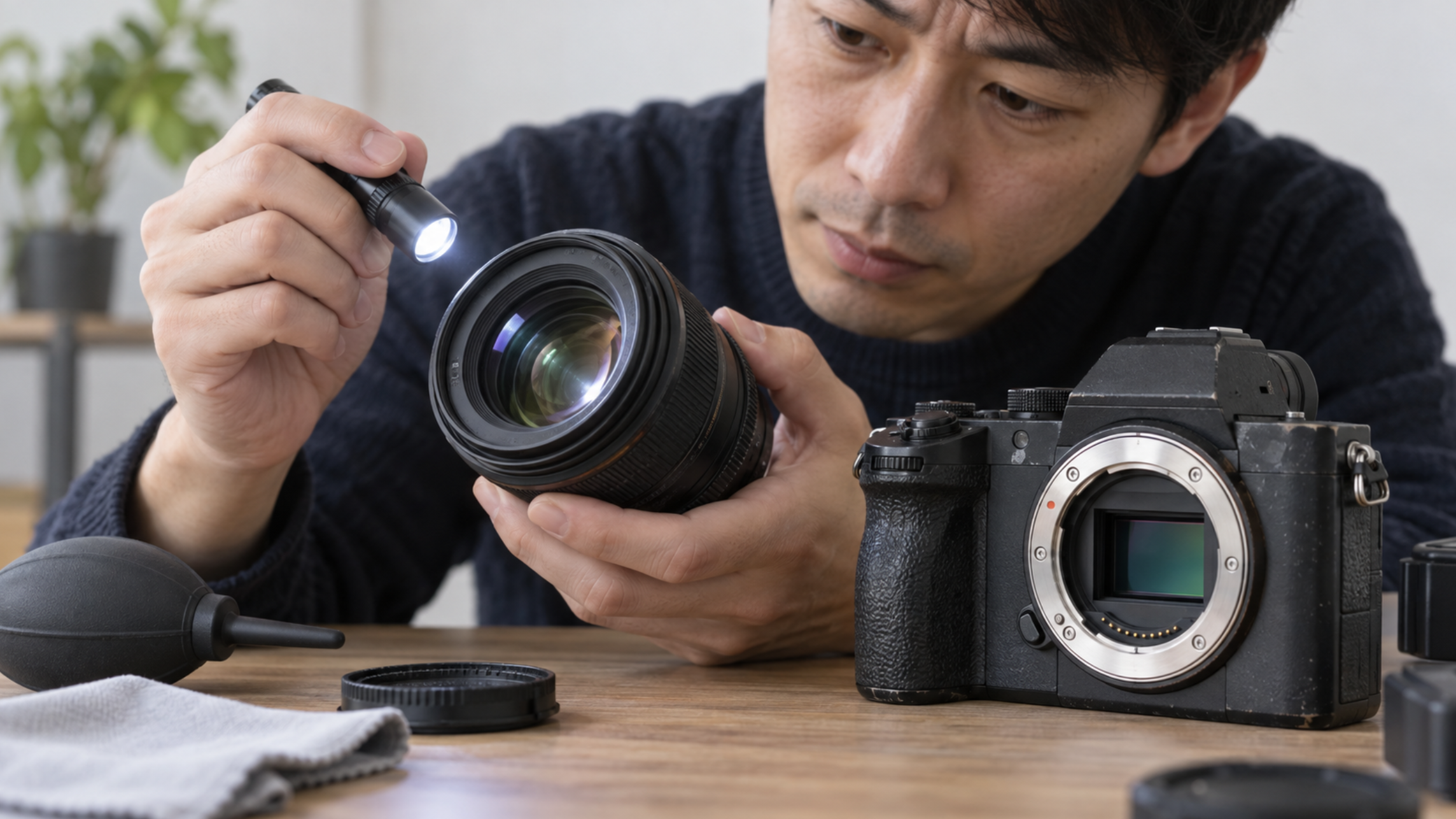 中古カメラのレンズをライトで照らしカビやクモリを確認する男性